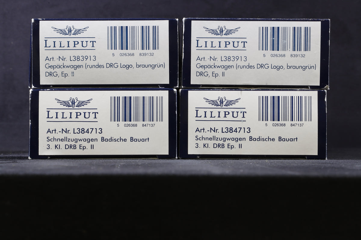 Liliput HO Rake Of 4 DRB/ DRG Coaches Inc. L384713x2 &amp; L383913x2