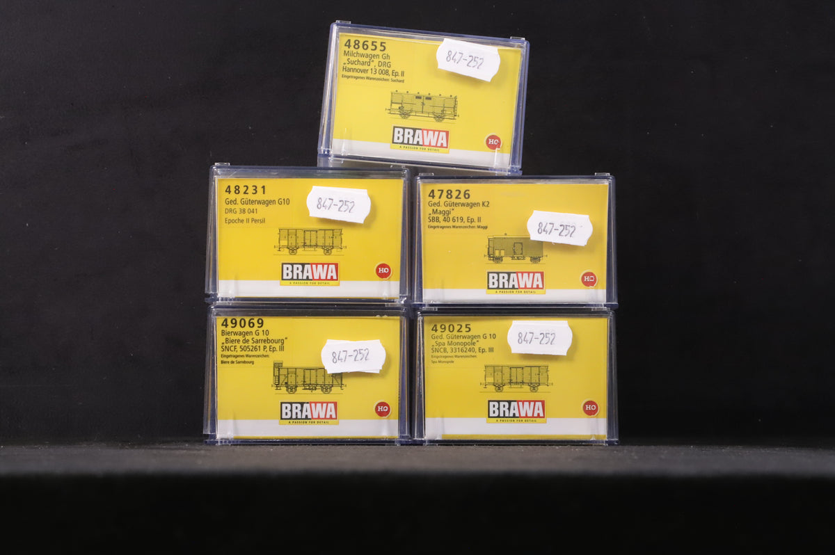 Brawa HO Rake of 5 German Mixed Wagons Inc. 48655, 49069, 47826, 49025 &amp; 48231