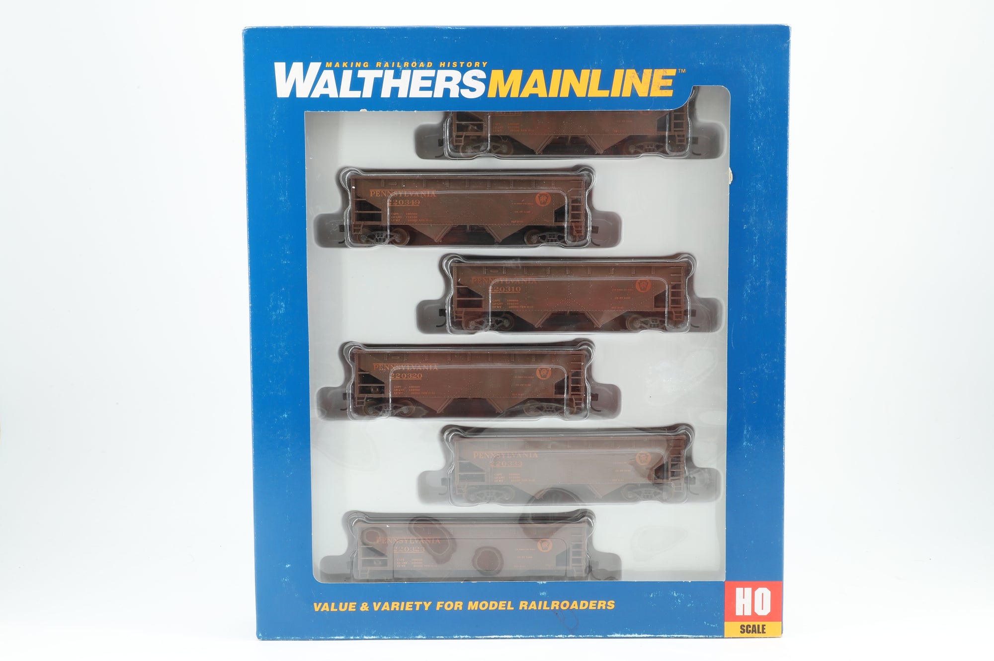 Walthers HO 910-56954 6-Pack of 36' 2-Bay Offset Hopper Cars in PRR Brown - Pro-Weathered