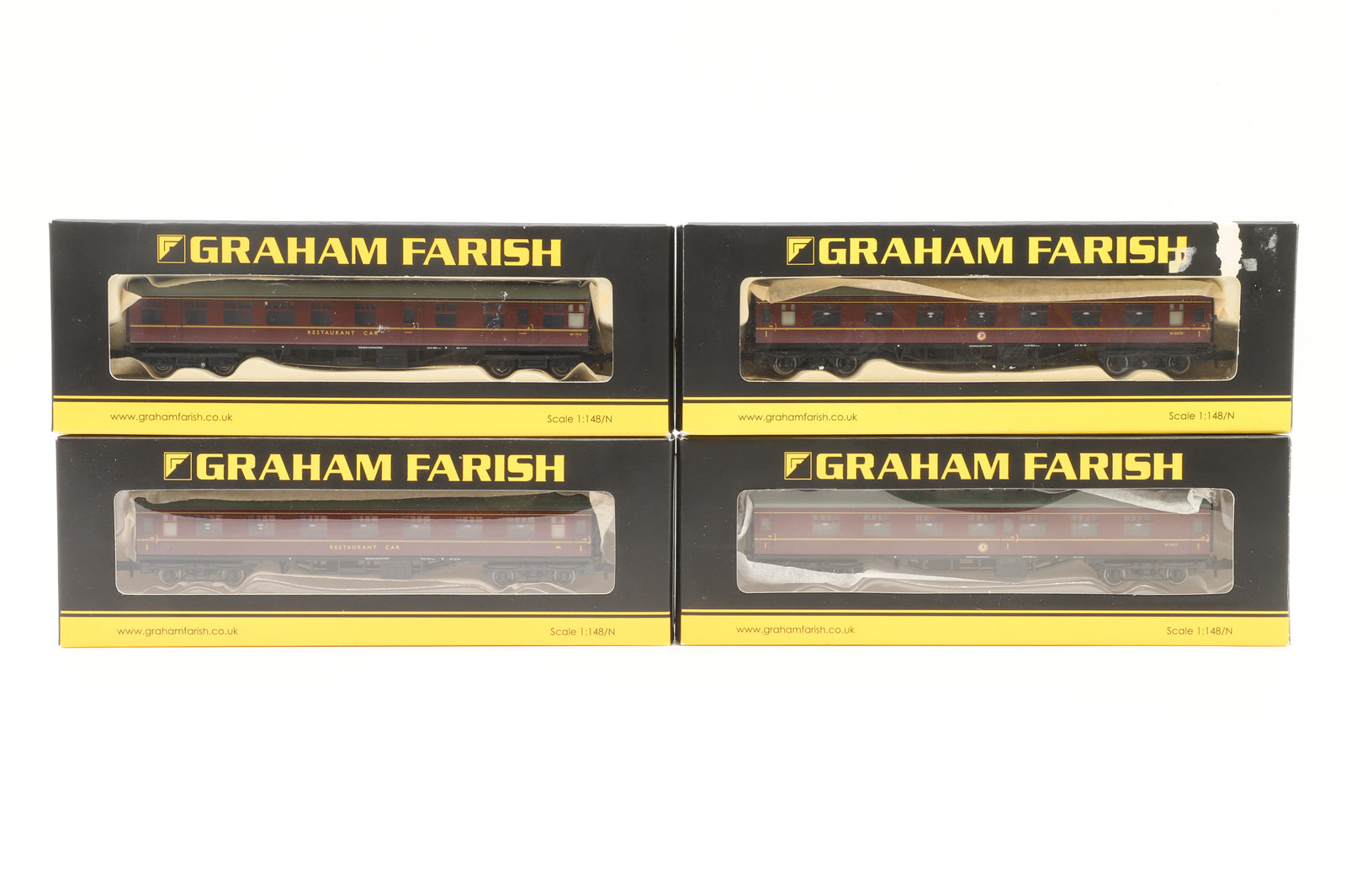 Graham Farish N 374-116A/153B/153C/801A Rake of 4 BR Lined Maroon Coaches