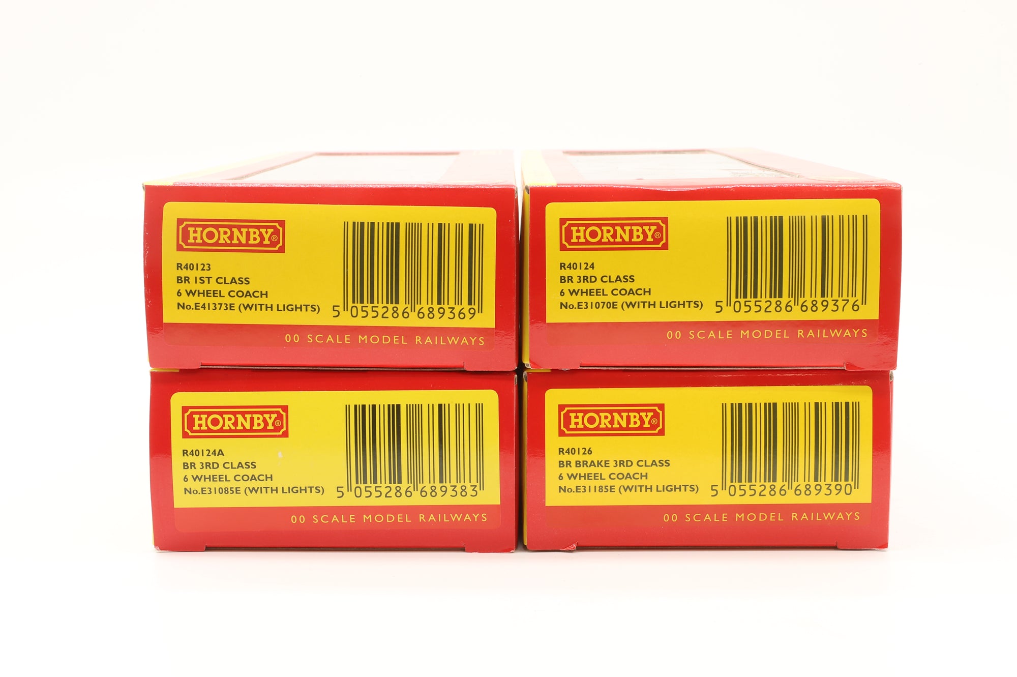 Hornby OO R40123/4/4A/6 Rake of 4x 6 Wheel Coaches in BR(E) Crimson
