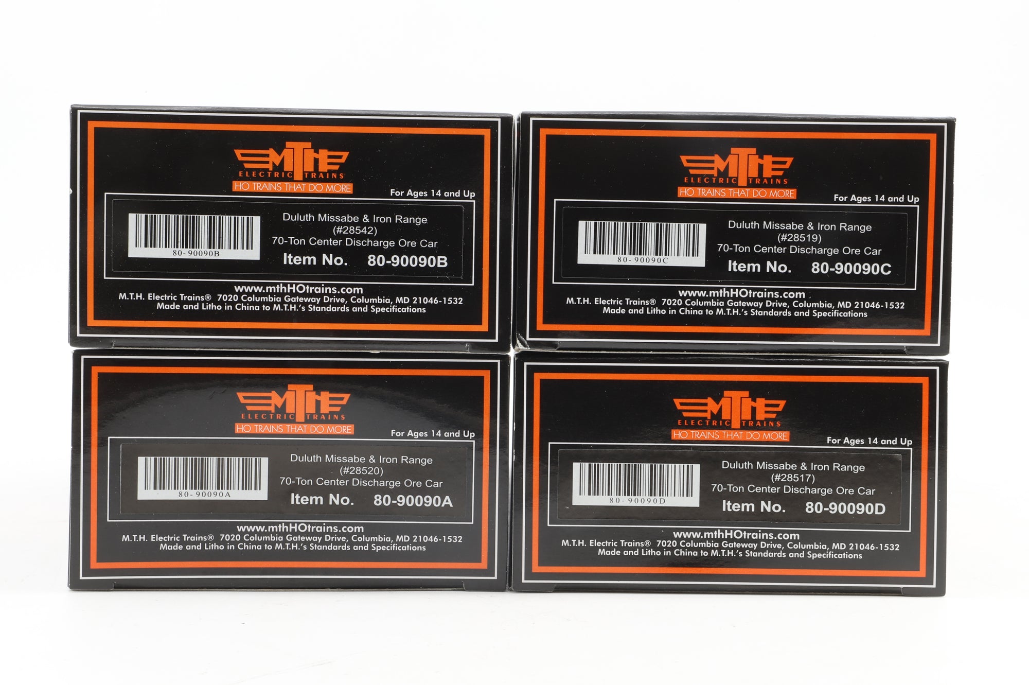MTH HO 80-90090 4-Pack of 70T Centre Discharge Ore Cars in DMIR Livery