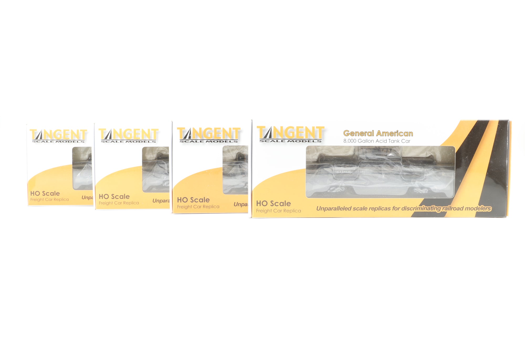 Tangent Scale Models HO Rake Of 4 General American 8,000 Gallon Acid Tank Cars Inc. 13010-1, 02, 03 & 04