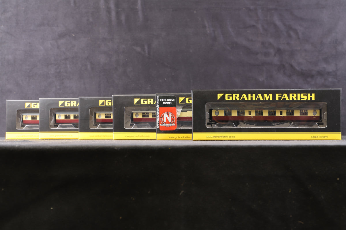 Graham Farish N Rake of 6 Thompson BR Crimson &amp; Cream Coaches, Inc. 376-201, 226, 276, 860V &amp; 2 x 251