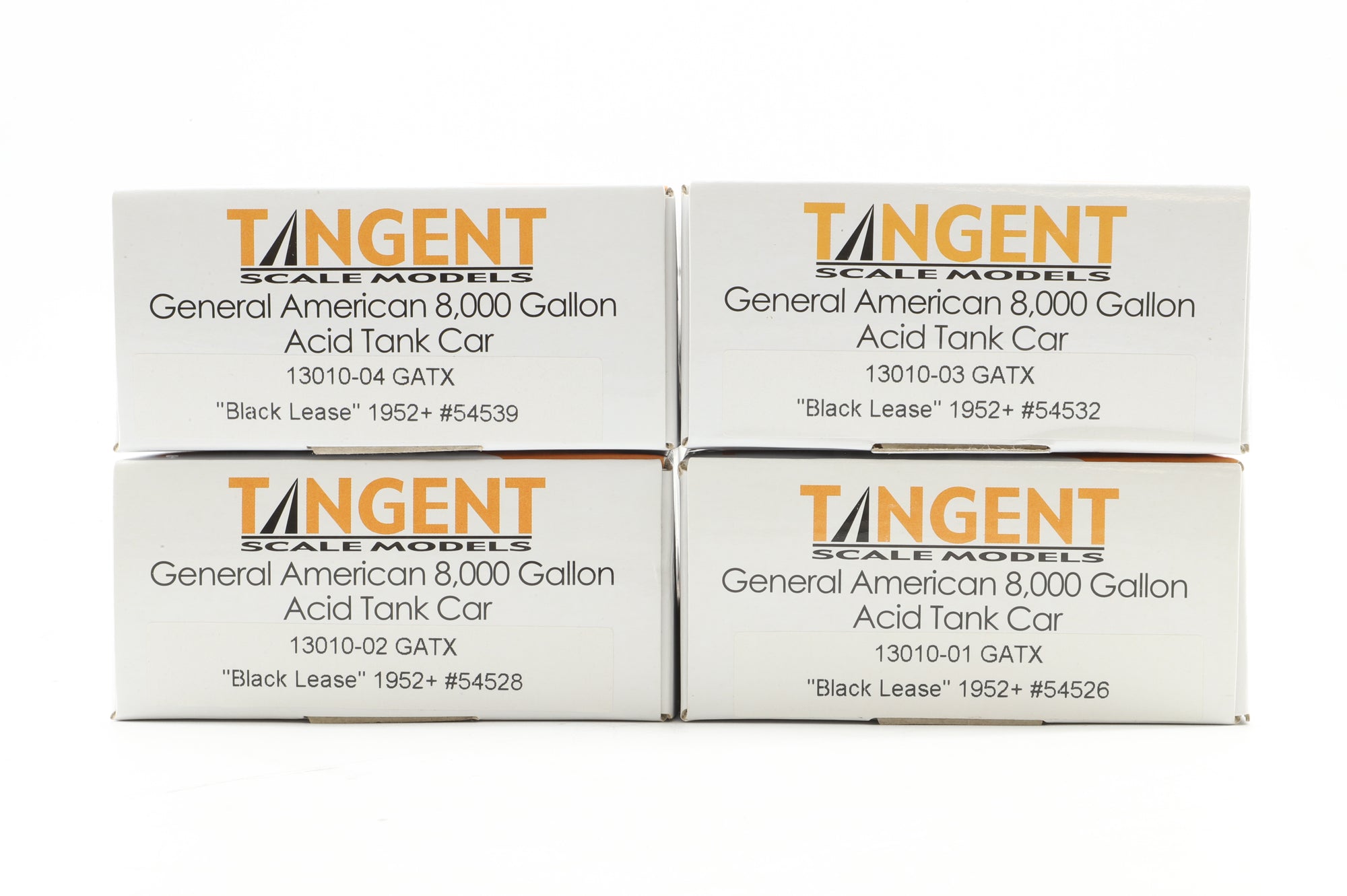 Tangent Scale Models HO Rake Of 4 General American 8,000 Gallon Acid Tank Cars Inc. 13010-1, 02, 03 & 04