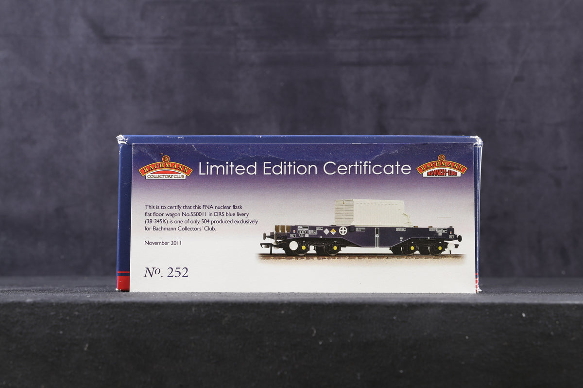 Bachmann OO 38-345K FNA Nuclear Flask Wagon Flat Floor &#39;550011&#39; DRS Blue Excl. Bachmann Collectors&#39; Club Ltd Ed 252/ 504