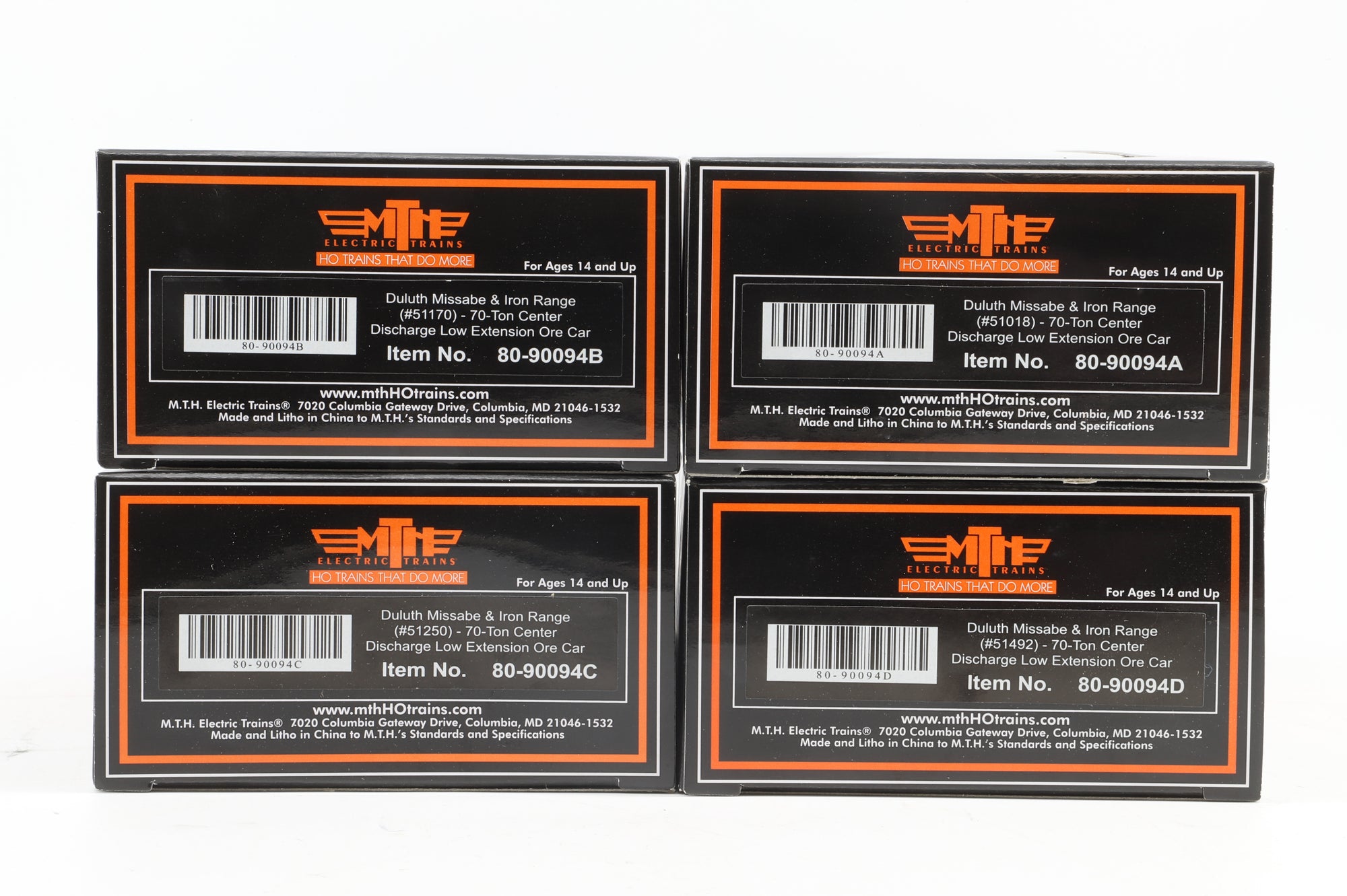 MTH HO 80-90094 4-Pack of 70T Centre Discharge Ore Cars in DMIR Livery