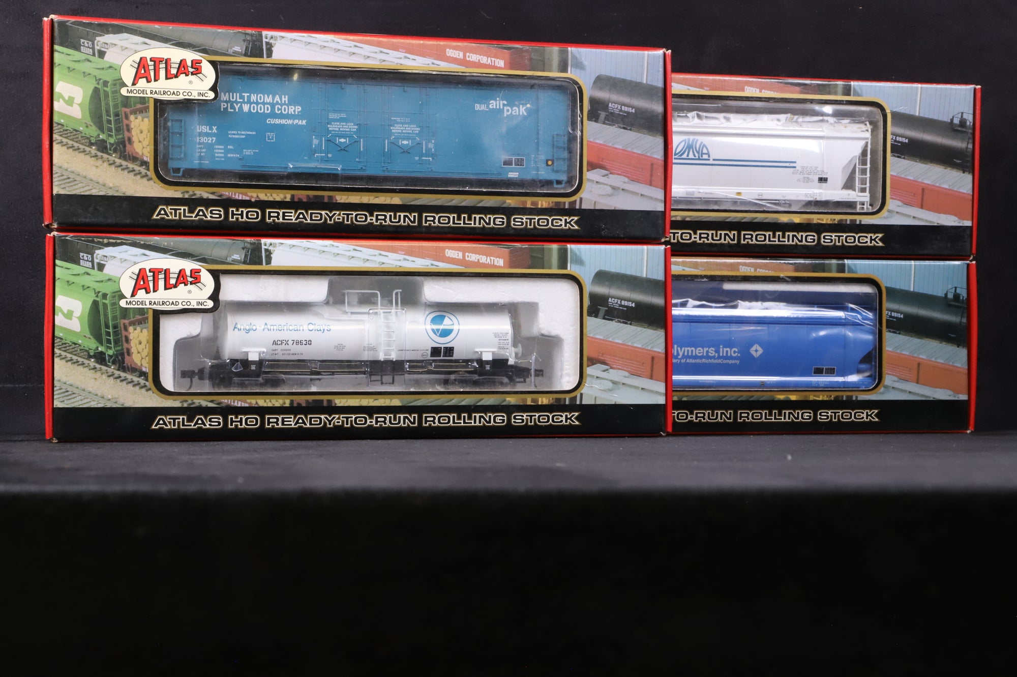 Atlas HO Rake Of 4 Assorted Private Owner Wagons Inc. 1776-1, 1712-1, 1505-1 & 20 000 005