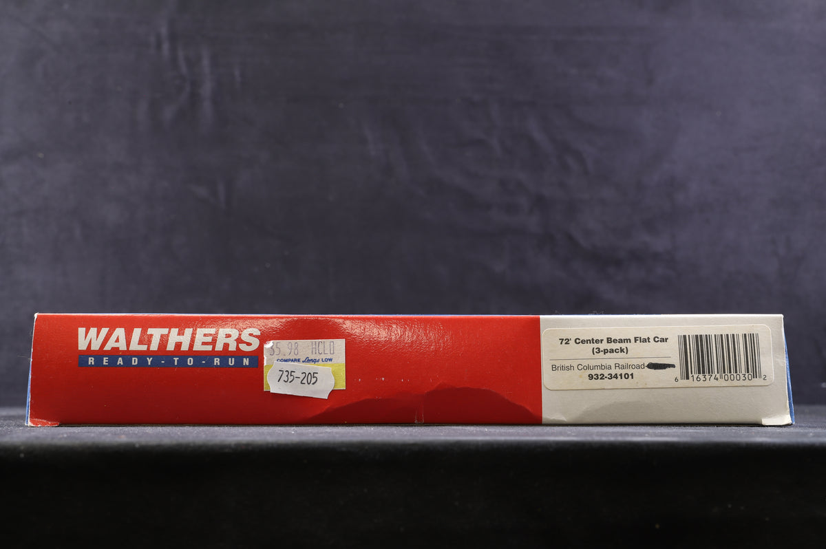 Walthers HO 932-34101 72&#39; Centre Beam Flat Car 3 Pack British Columbia Railroad