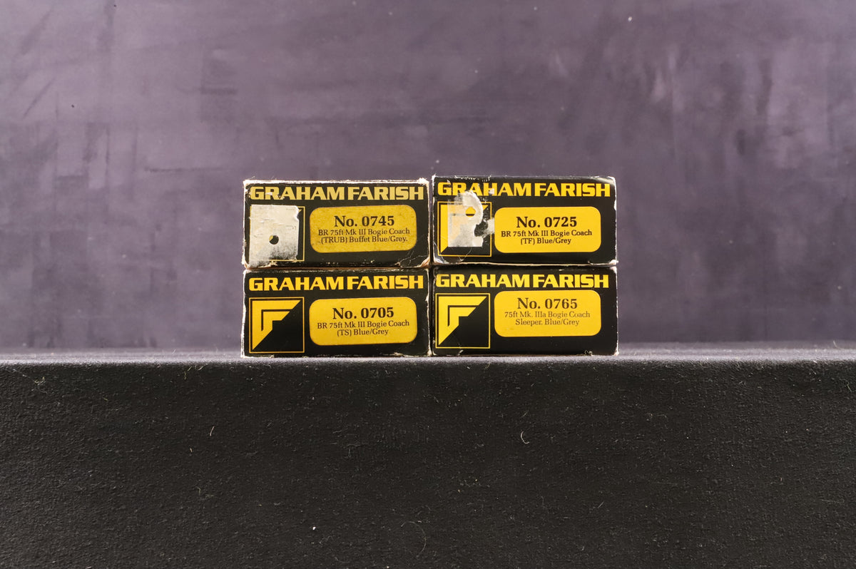 Graham Farish N Rake of 4 BR 75ft MkIII Blue Grey Bogie Coaches, Inc. 0705, 0725, 0745 &amp; 0765