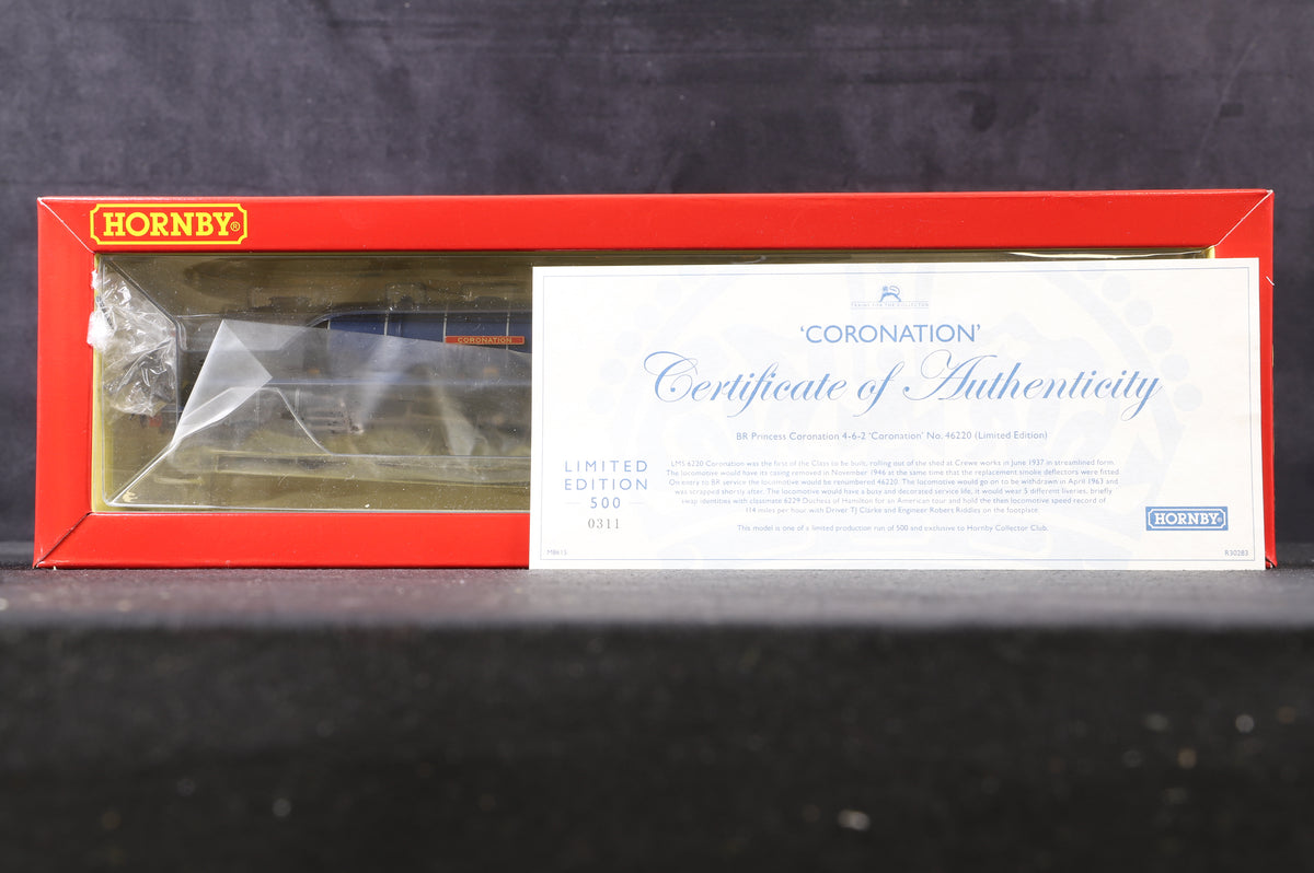 Hornby OO R30283 BR Princess Coronation 4-6-2 &#39;Coronation&#39; &#39;46220&#39; BR Lined Blue E/C Ltd Ed 311/ 500