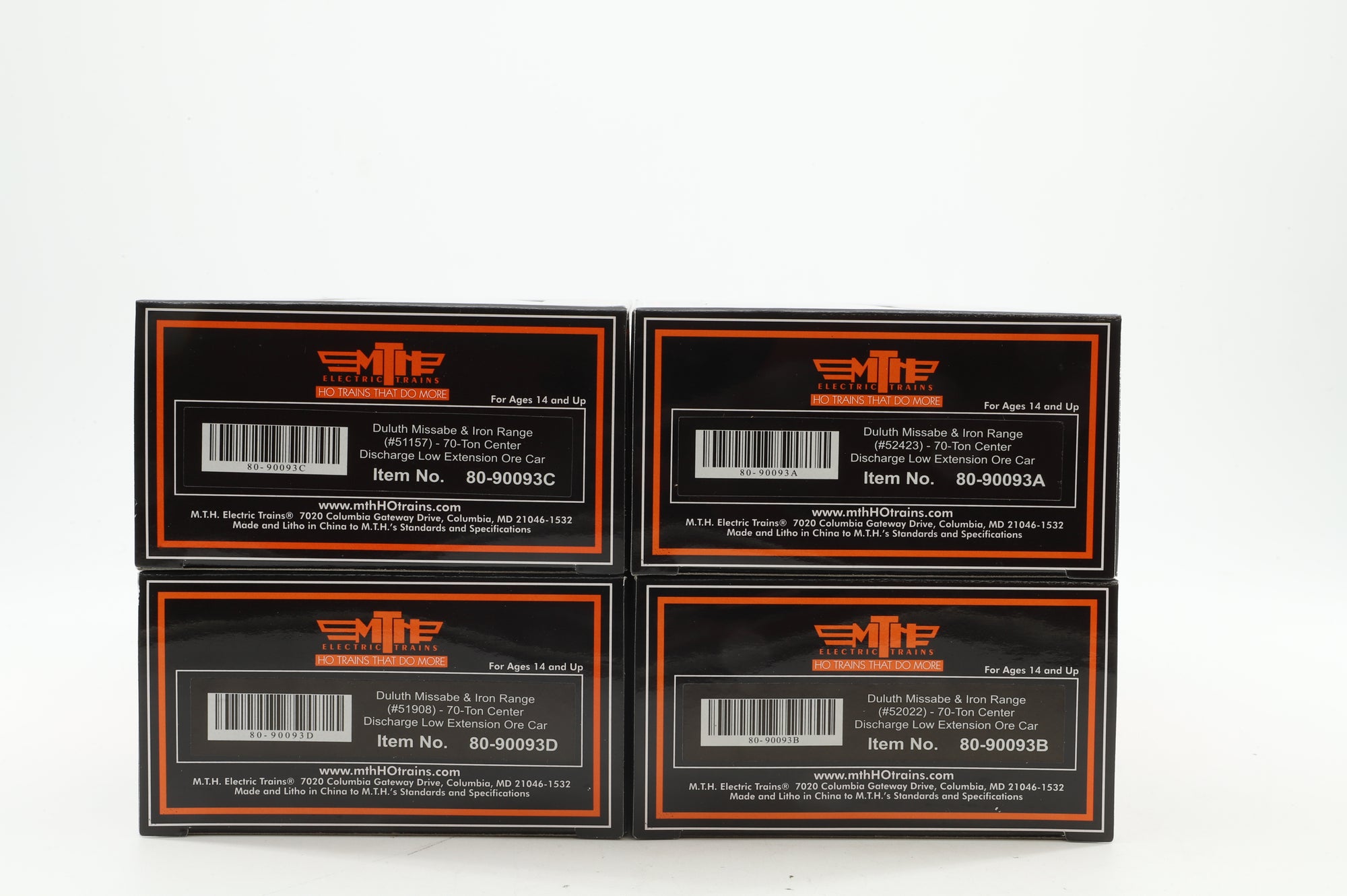 MTH HO 80-90093 4-Pack of 70T Centre Discharge Ore Cars in DMIR Livery