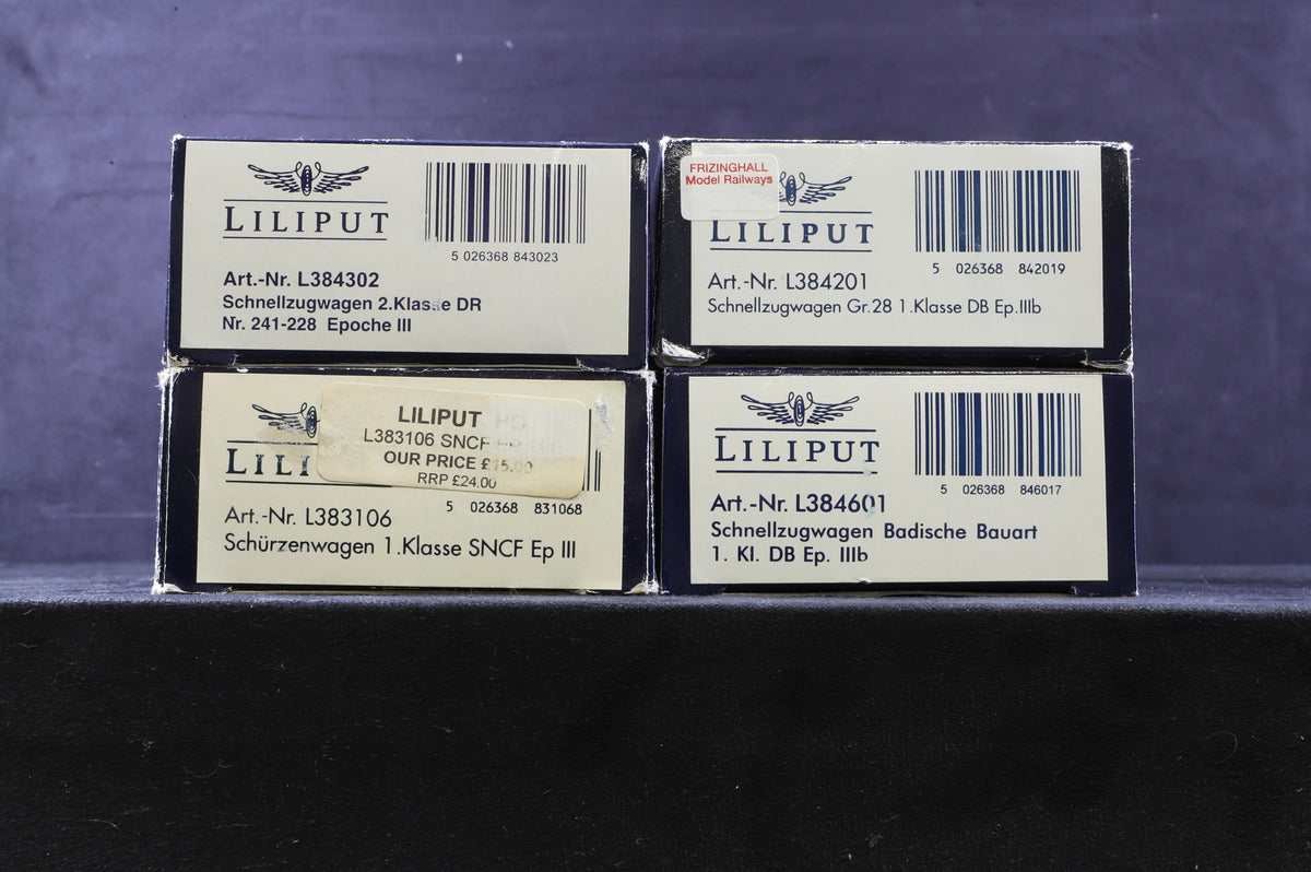 Liliput HO Rake Of 4 DB/ DR Coches Inc. L384201, L384601,L384302 &amp; L383106