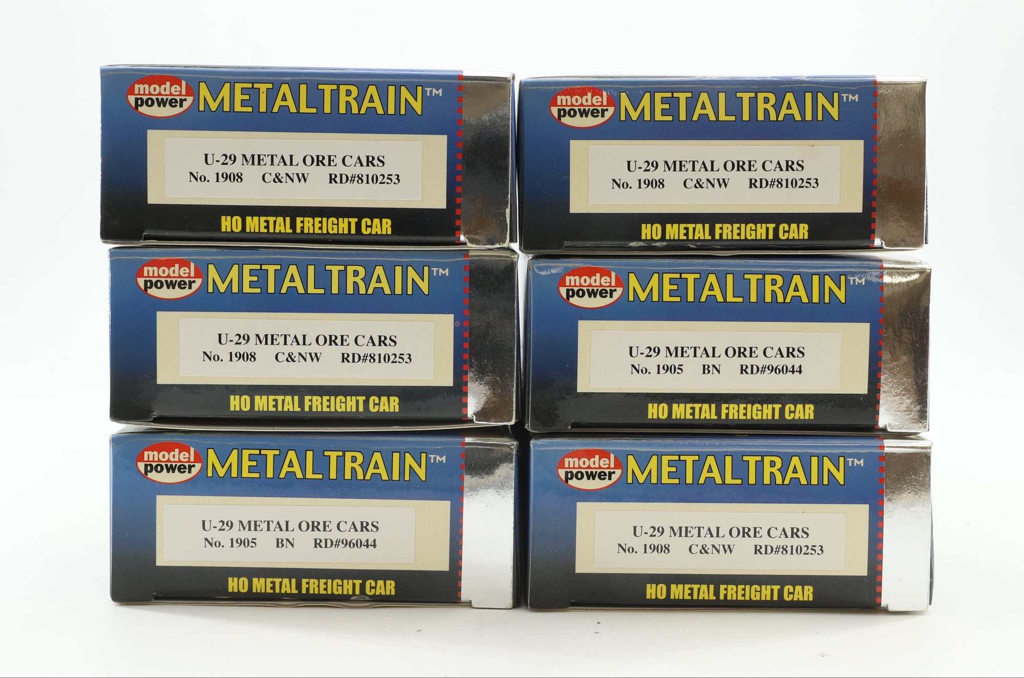 Model Power HO 1908 Metaltrain Rake of 6 C&NW U-29 Metal Ore Car Road, Re-Number & Crest