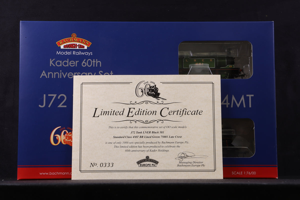 Bachmann OO 30-060 60th Anniversary of Kader LNER J72 &#39;581&#39; &amp; Standard Class 4MT &#39;75001&#39; BR Green Ltd Ed 333/ 1000