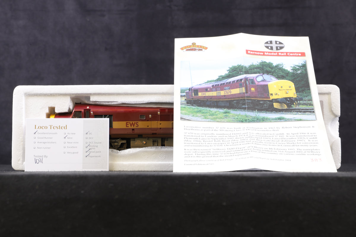 Bachmann OO 32-381Z Class 37/5 37670 &#39;St. Blazey - T&amp;RS Dept&#39; in EWS Maroon &amp; Yellow Livery (weathered) - Limited Edition 383/512