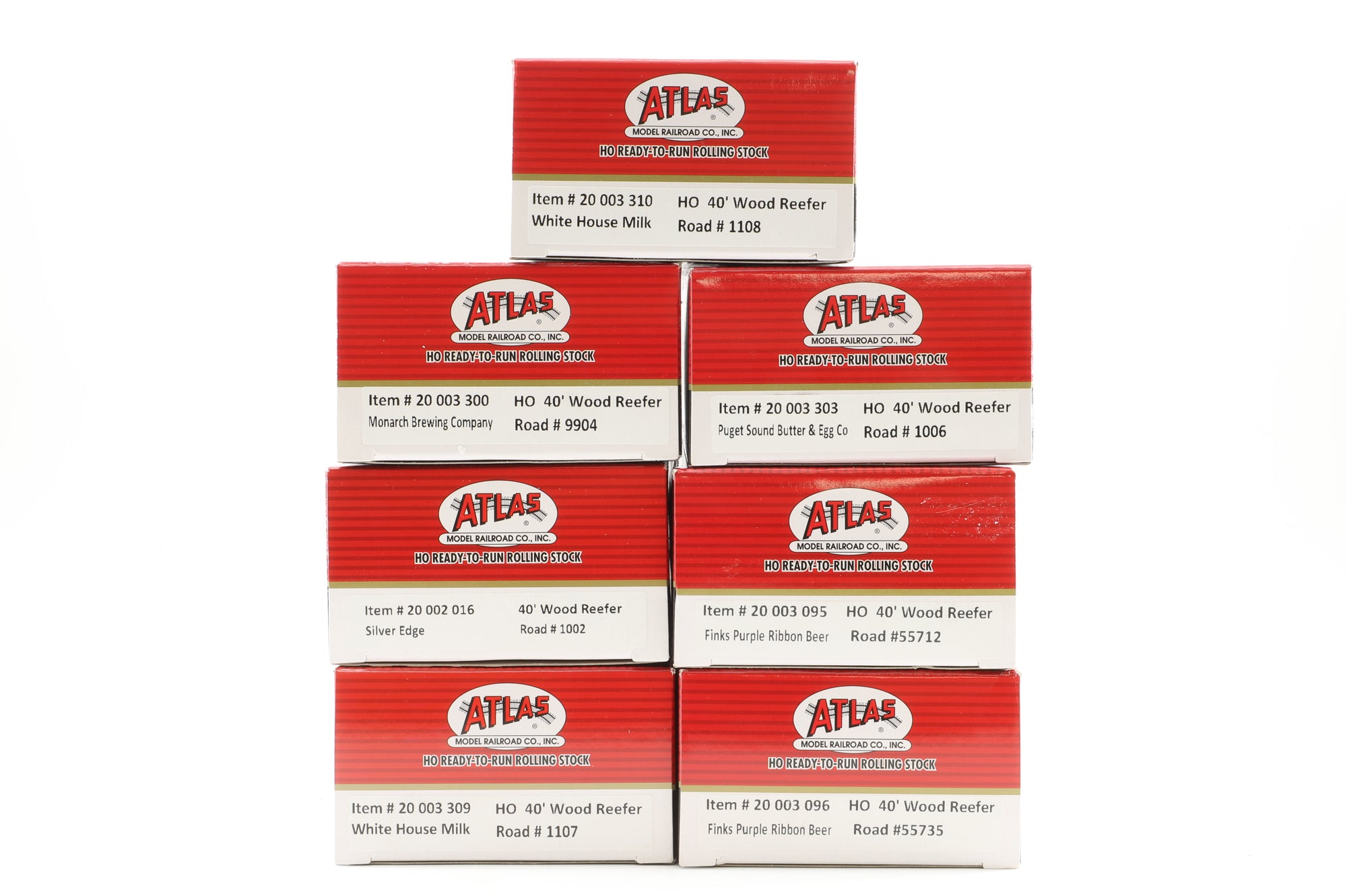 Atlas HO Rake Of 7 40' Wood Reefer Wagons Inc. 20003310, 20003303, 20003095, 20003096, 20003300, 20002016& 20003309