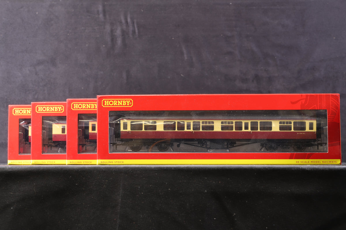 Hornby OO Rake Of 4 BR Hawksworth Blood &amp; Custard Coaches Inc. R4404B, R4493B, R4407B &amp; R4405B