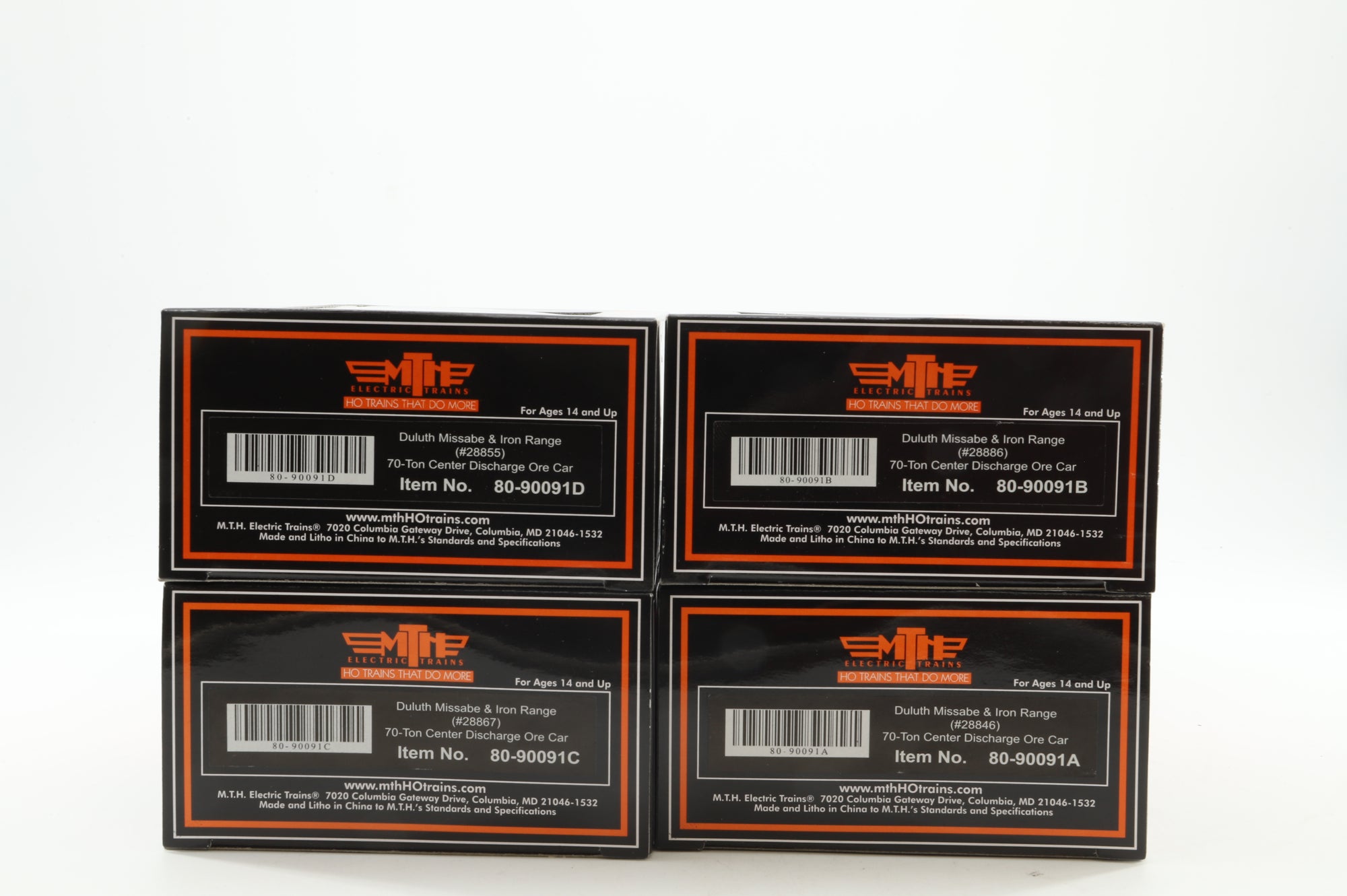 MTH HO 80-90091 4-Pack of 70T Centre Discharge Ore Cars in DMIR Livery