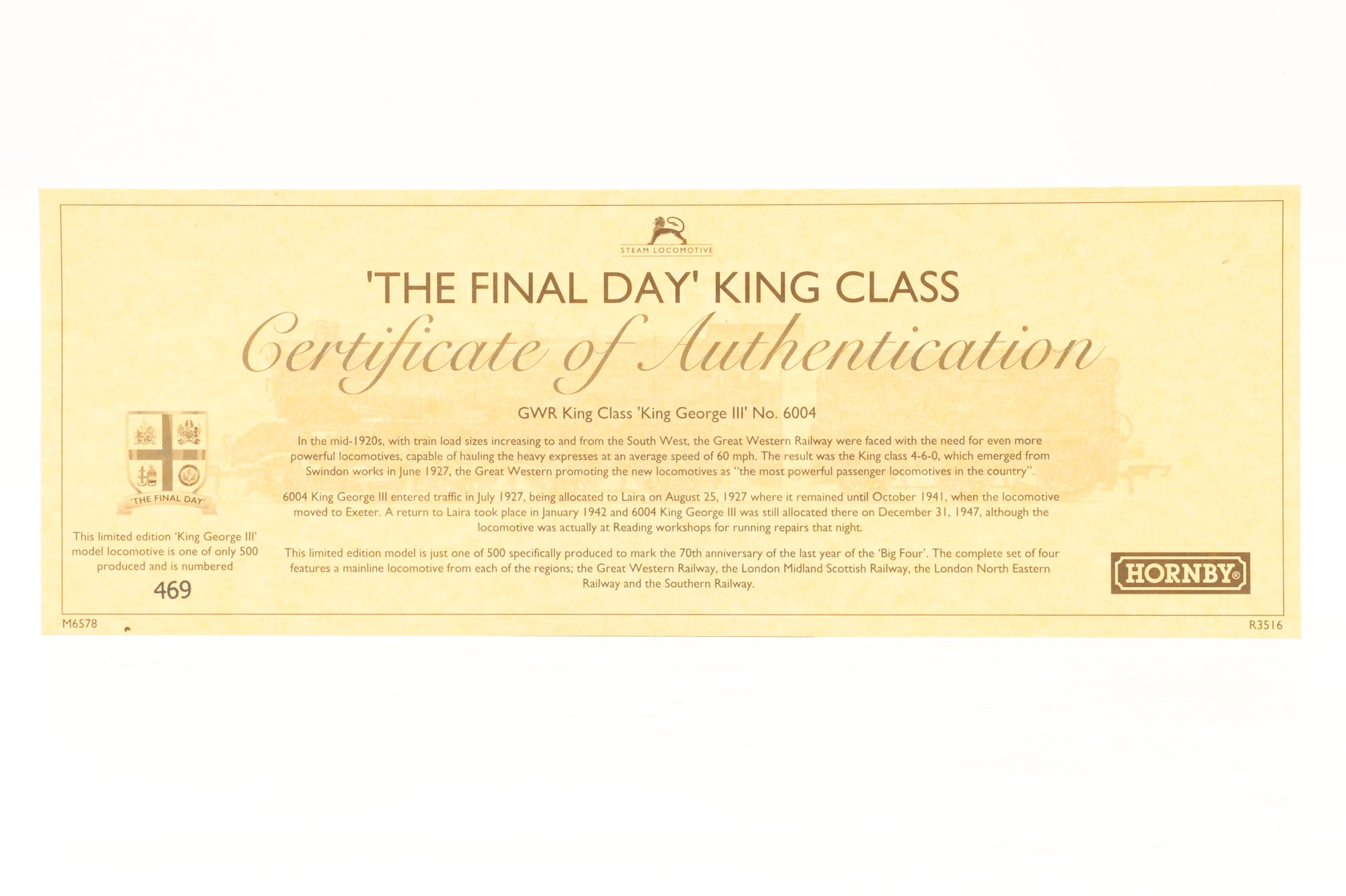 Hornby OO R3516 GWR King Class 'King George III' '6004' GWR Green Ltd Ed 469/500 DCC Fitted