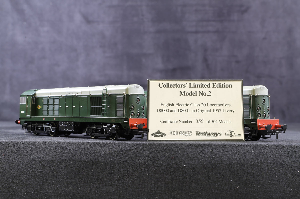 Bachmann OO 32-027Y/1 and Y/2 Class 20 Pack D8000 &amp; D8001 in BR green with Discs. Limited edition 355/504