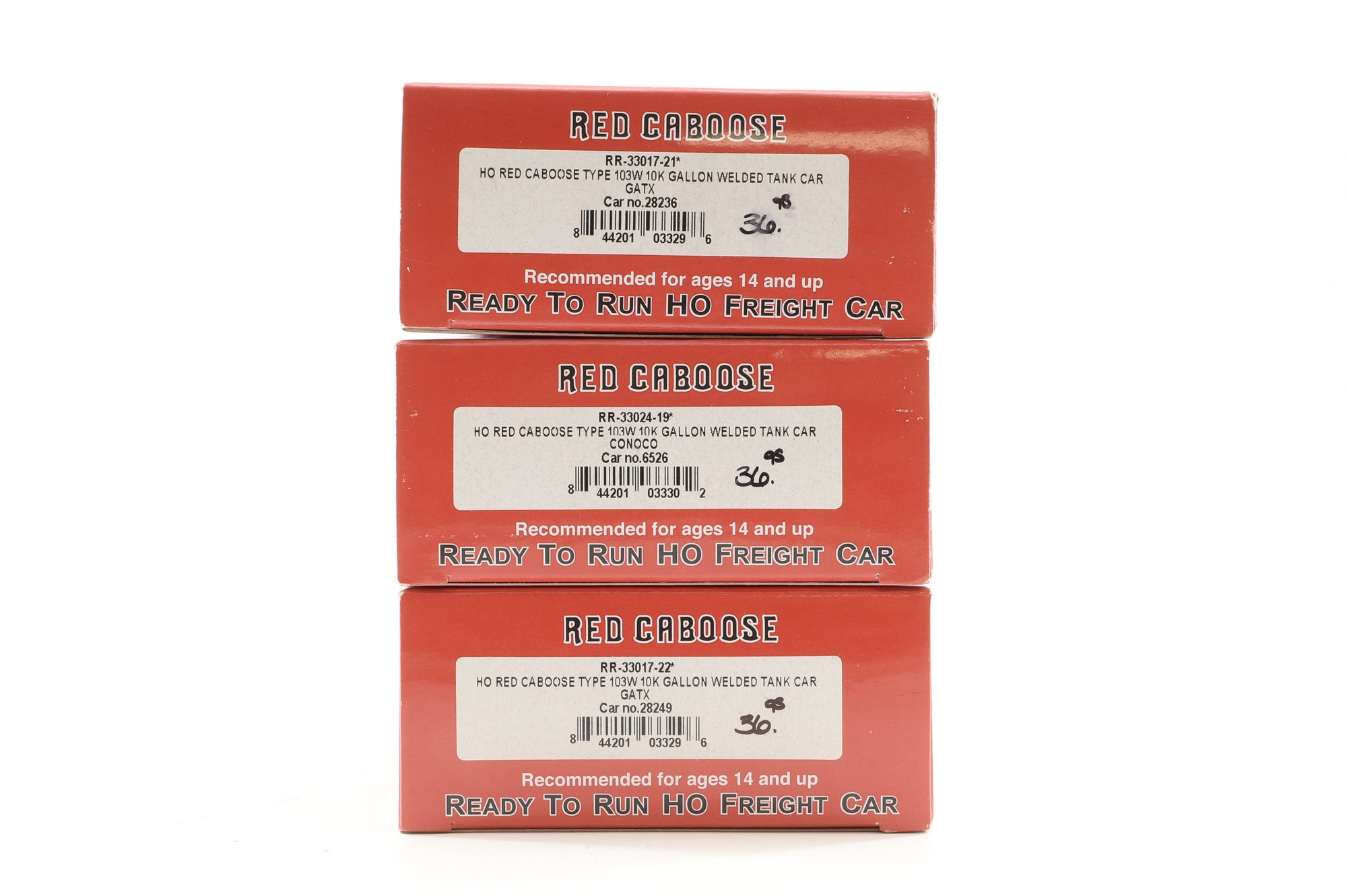 Red Caboose HO Rake Of 3 10K Gallon Welded Tank Cars Inc. RR3301721, RR3302419 & RR3301722