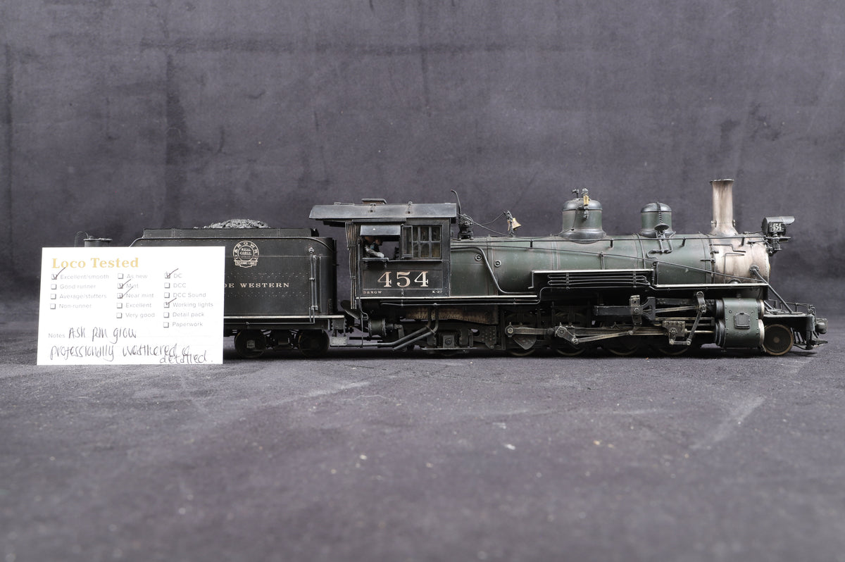 BLW (Berlyn Locomotive Works) On3 D&amp;RGW 2-8-2 Class K-27 Royal Gorge Herald Green Boiler No.454, Ltd Ed., Professionally Weathered &amp; Detailed