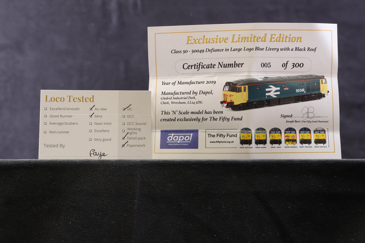 Dapol N 2D-002-FF1 Class 50 &#39;50049&#39; BR Blue Large Logo Ltd Ed 5/300