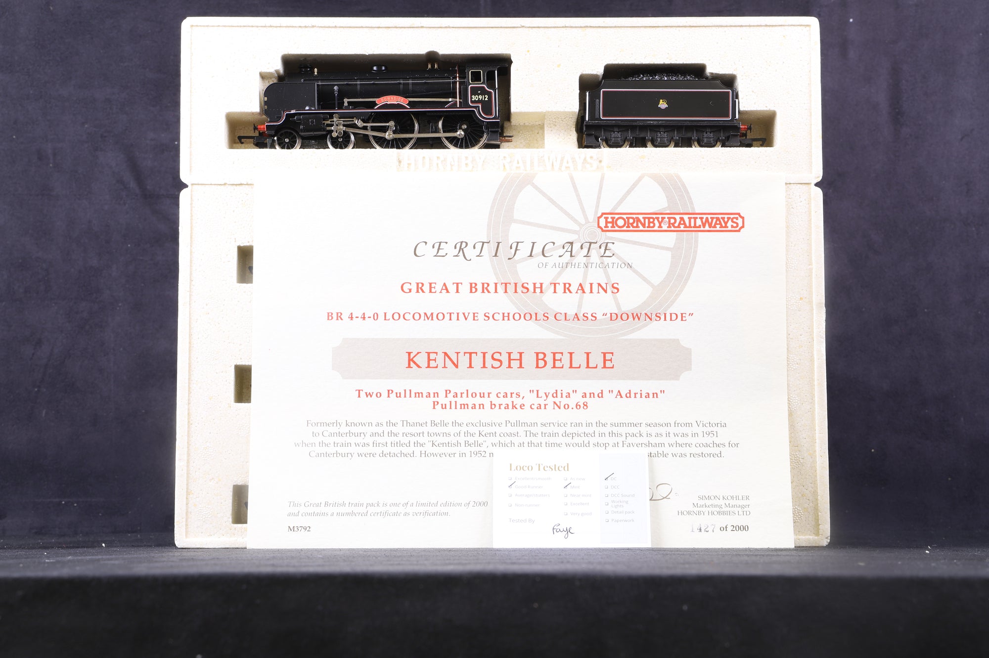 Hornby OO R2079 "Kentish Belle" train pack with 30912 "Downside" Schools 4-4-0 loco and 3 Pullman coaches Limited Edition 1427/2000
