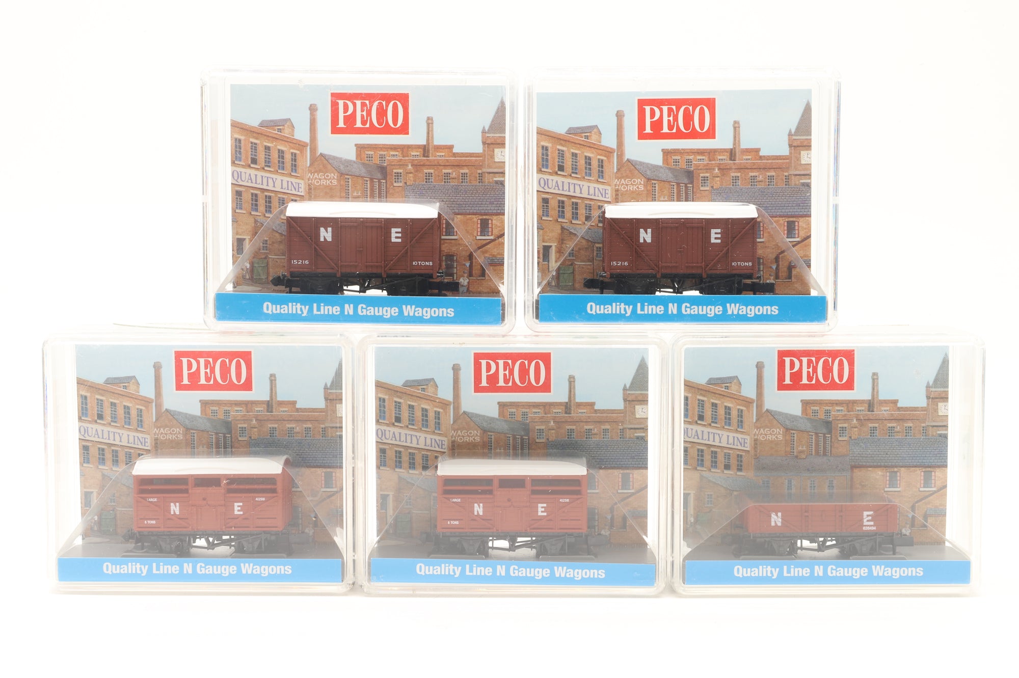 Peco N Rake of 5 10ft Cattle, Plank & Box Vans NE Brown & Red Oxide