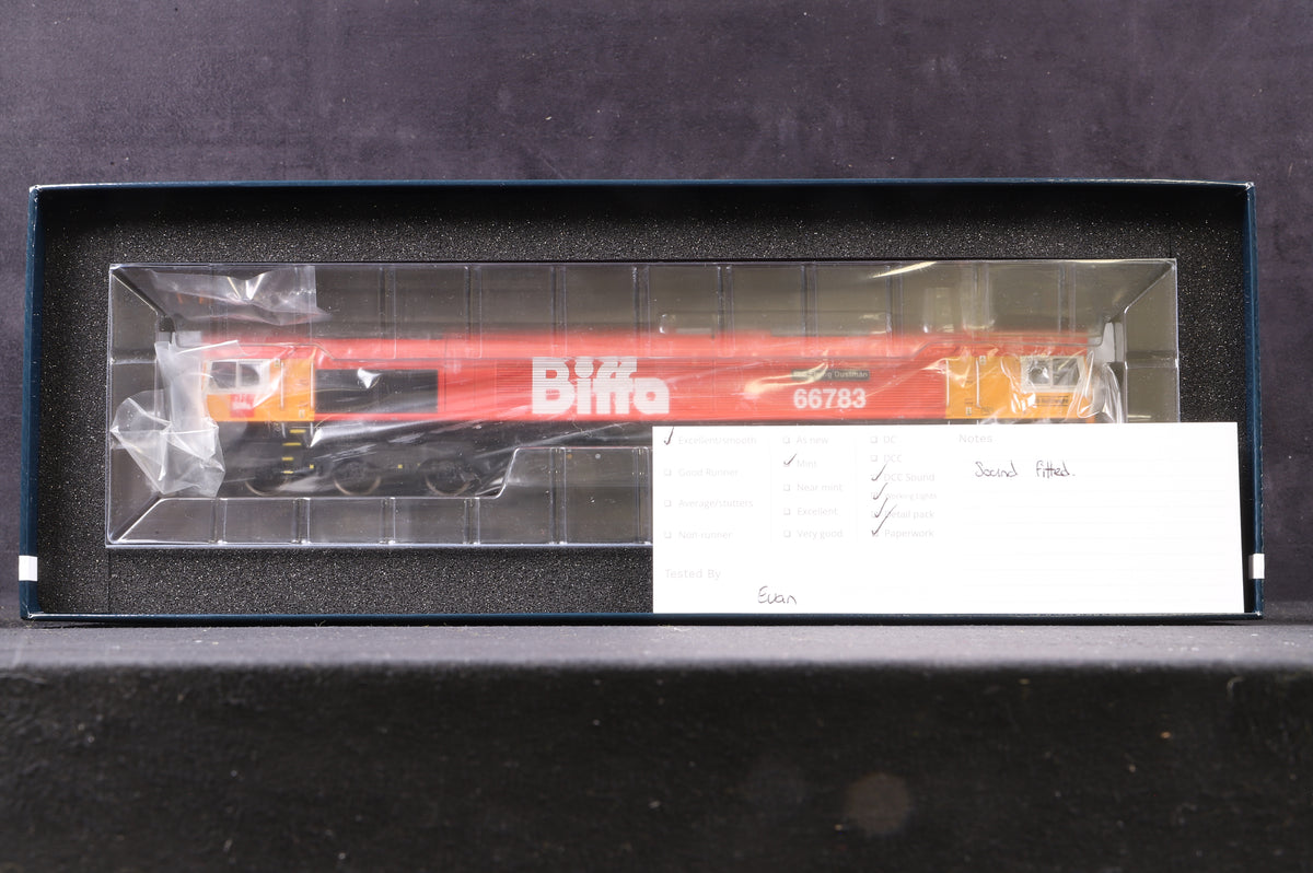 Hattons OO H4-66-032-S Class 66 &#39;66783&#39; &#39;The Flying Dustman&#39; Biffa Red GBRf, DCC Sound