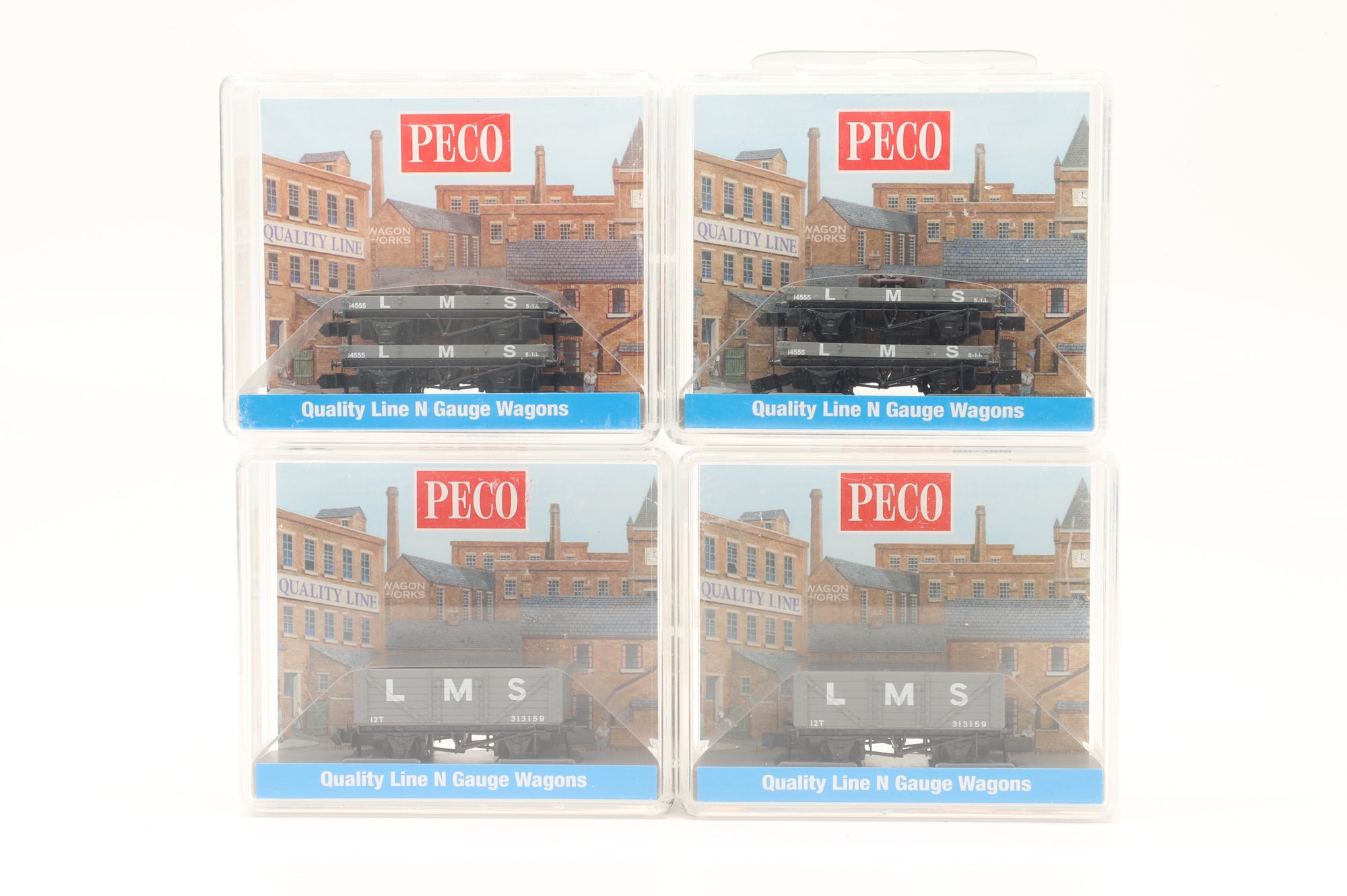 Peco N Rake of 4 10ft LMS Grey Wagons
