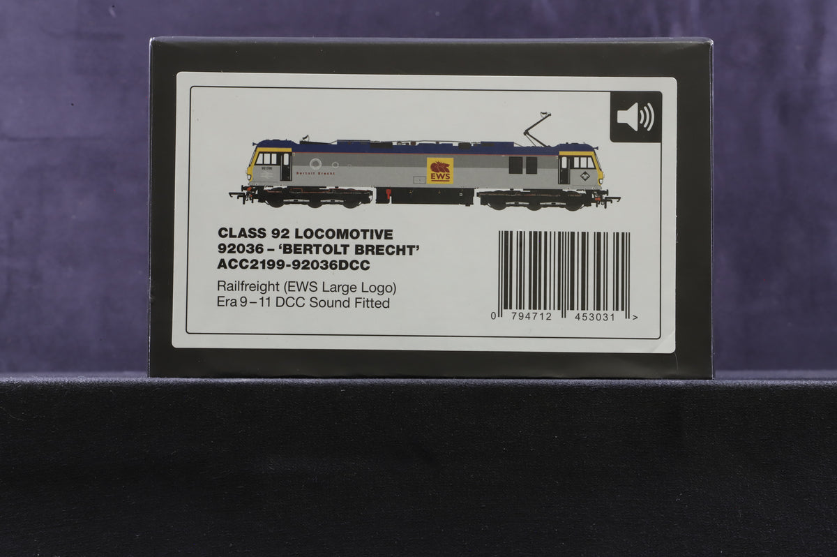 Accurascale OO ACC2199 Class 92 &#39;92036&#39; &#39;Bertolt Brecht&#39; Railfreight Grey EWS Branding DCC Sound