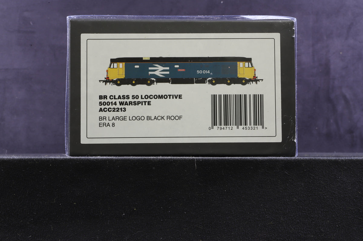 Accurascale OO ACC2213 Class 50 &#39;50014&#39; &#39;Warspite&#39; BR Large Logo Black Roof Weathered DCC Sound