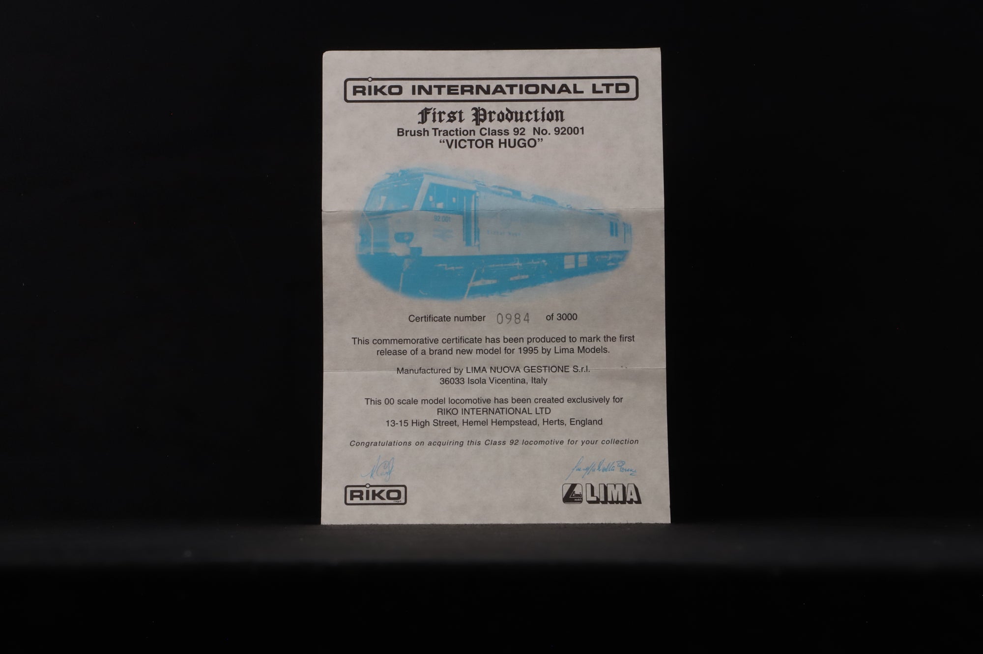 Lima OO 204855A7 Class 92 92001 'Victor Hugo' in BR Railfreight Grey