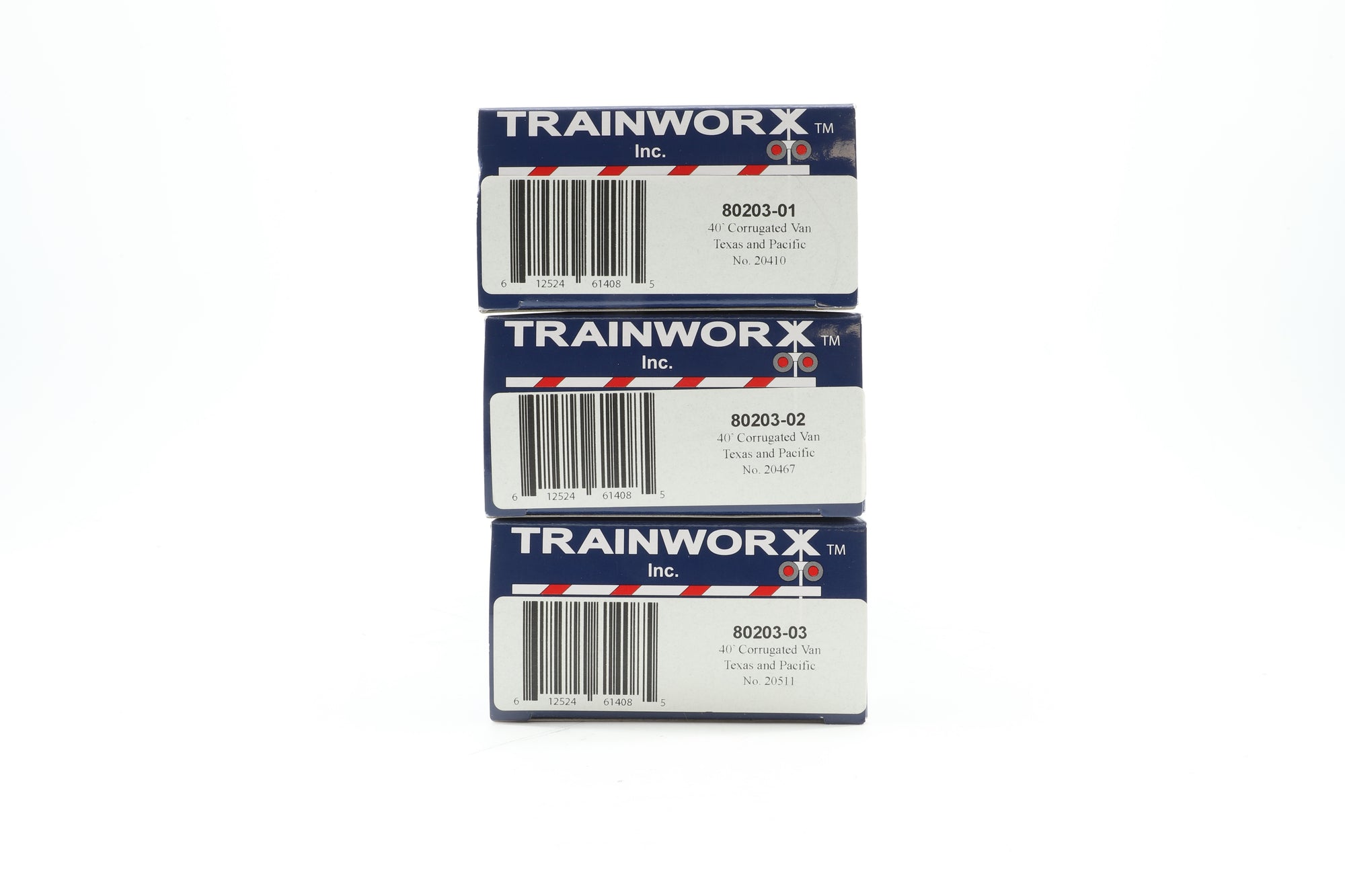 Trainworx HO Rake Of 3 40' Corrugated Texas & Pacific Vans Inc. 80203-01, 80203-02 & 80203-03