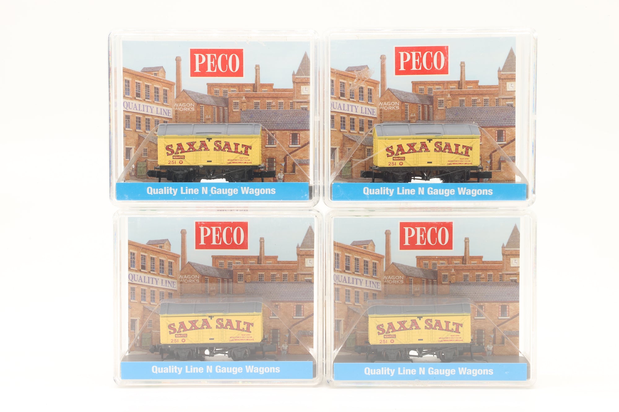 Peco N NR-P120 Rake of 4 10ft Yellow Saxa Salt Wagons