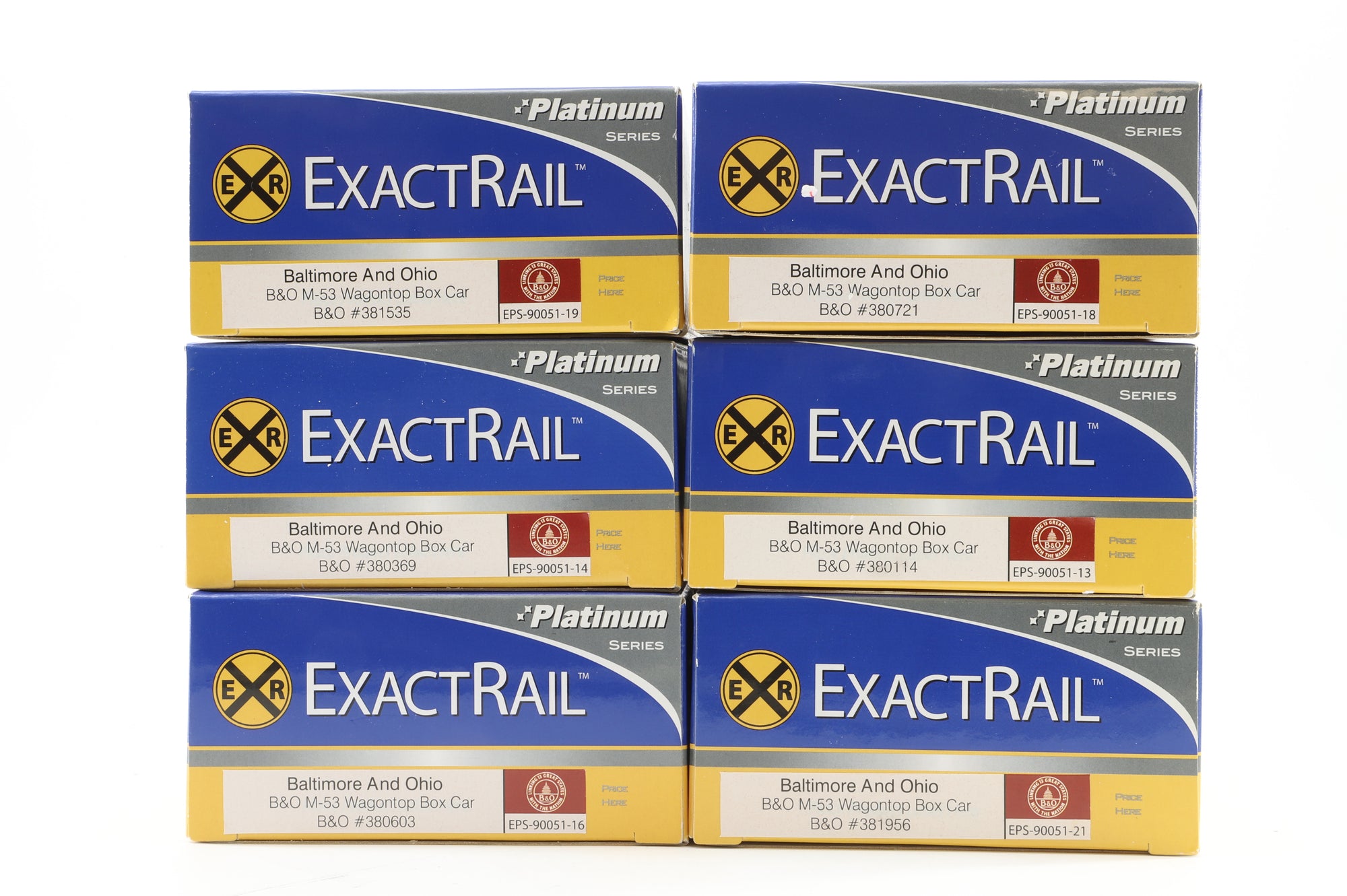 Exact Rail HO Rake Of 6 B&O M-53 Wagontop Box Cars Inc. EPS 90051-19. 90051-14, 90051-16, 90051-18, 90051-13 & 90051-21