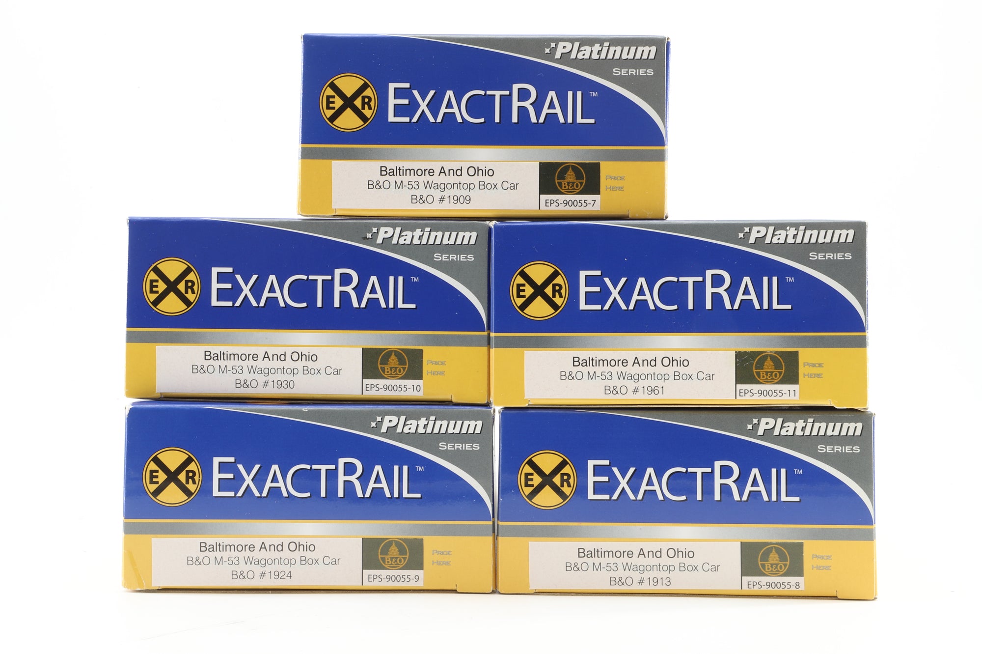 Exact Rail HO Rake Of 5 B&O M-53 Wagontop Box Cars Inc. EPS-90055-10, 90055-9, 90055-7, 90055-11 & 90055-8