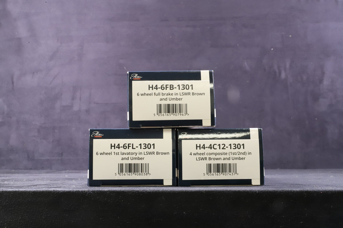 Hattons OO H4C12/6FB/6FL-1301 Rake of 3 6/4 Wheel LSWR Coaches in Lined Brown/Umber