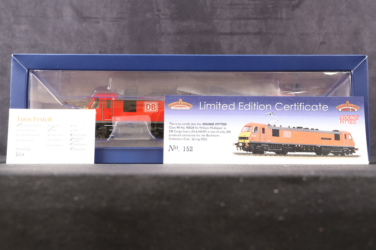 Bachmann OO 32-616KSF Class 90 &#39;90028&#39; &#39;Sir William Mcalpine&#39; DB Cargo Excl. Bachmann Collectors Club, DCC Sound Ltd 152/ 200