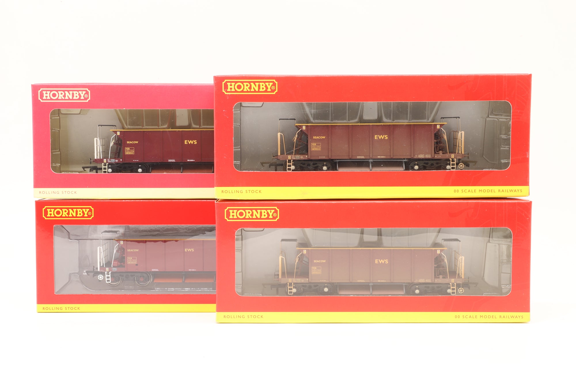 Hornby OO Rake of 4 YGB 'Seacow' Wagons in EWS Livery - Mixed Pristine/Weathered