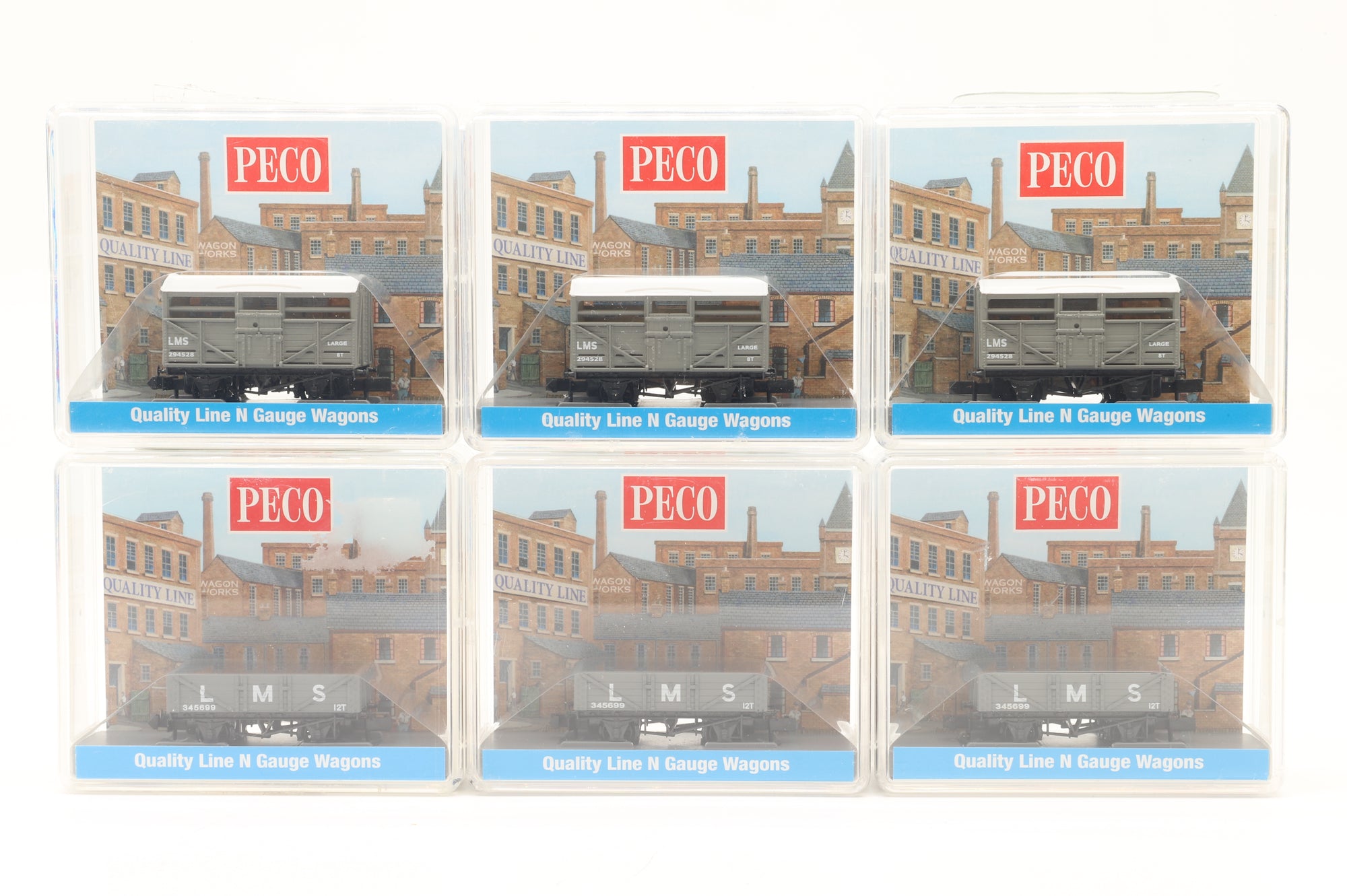 Peco N Rake of 6 Cattle & Plank Wagons LMS Light Grey