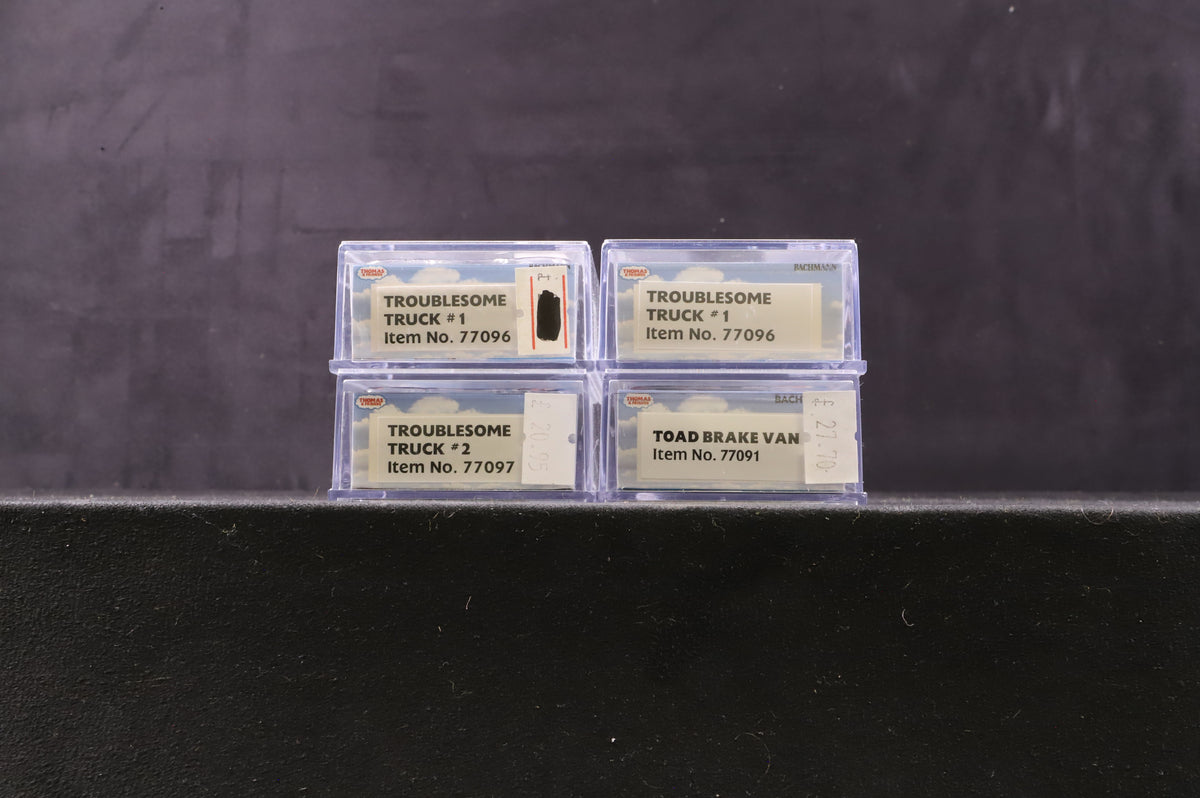 Bachmann N Rake of 3 Troublesome Trucks &amp; 1 Toad Brake Van, Inc. 77091, 77097 &amp; 2 x 77096