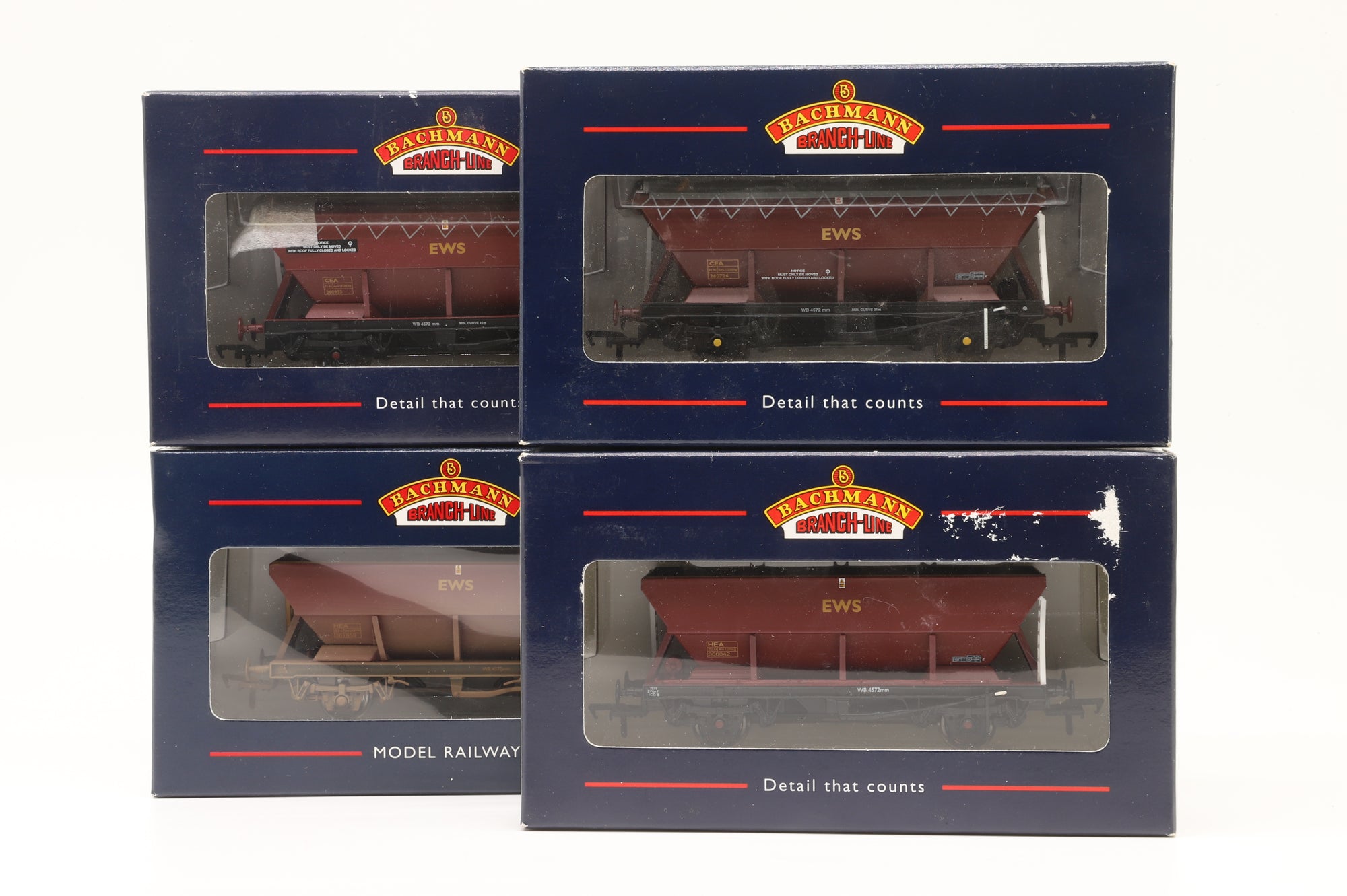 Bachmann OO Rake of 4 HEA/CEA Hoppers in EWS Livery - Mixed Pristine/Weathered