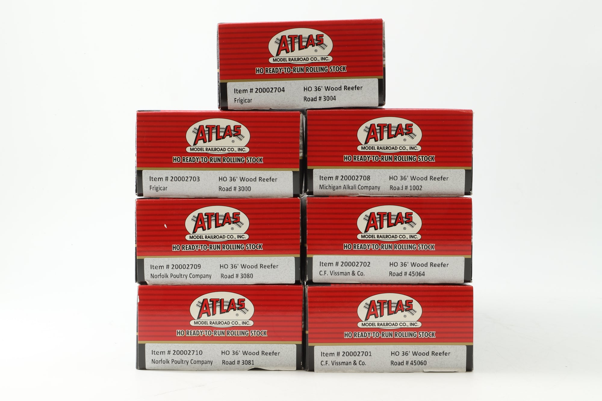 Atlas HO Rake Of 7 36' Wood Reefer Box Vans Inc. 20002708, 20002704, 20002702, 20002703, 20002710, 20002701 & 20002709