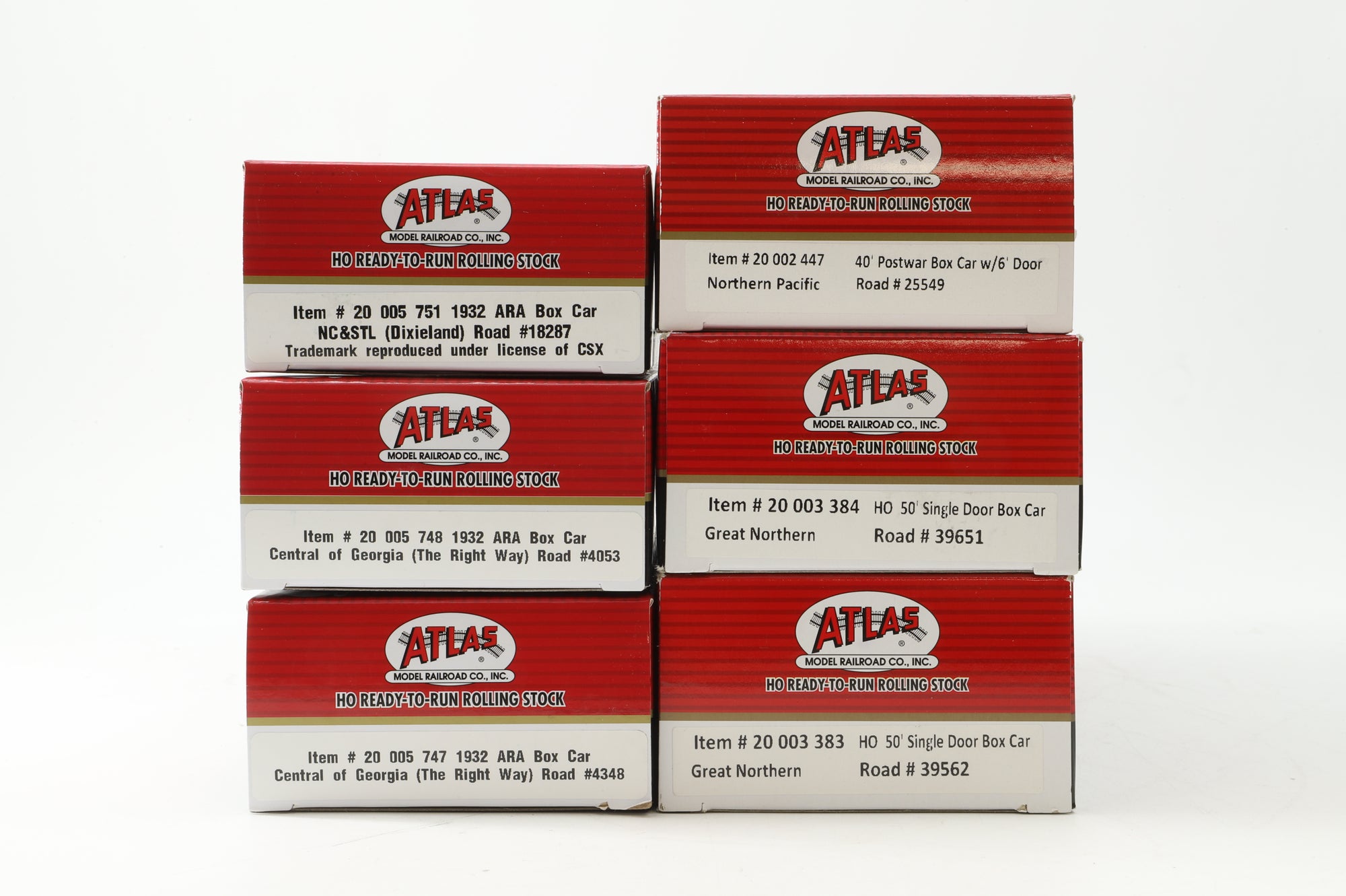 Atlas HO Rake Of 6 Assorted Box Cars Inc. 20005748, 20005747, 20005751, 20002447, 20003384 & 20003383