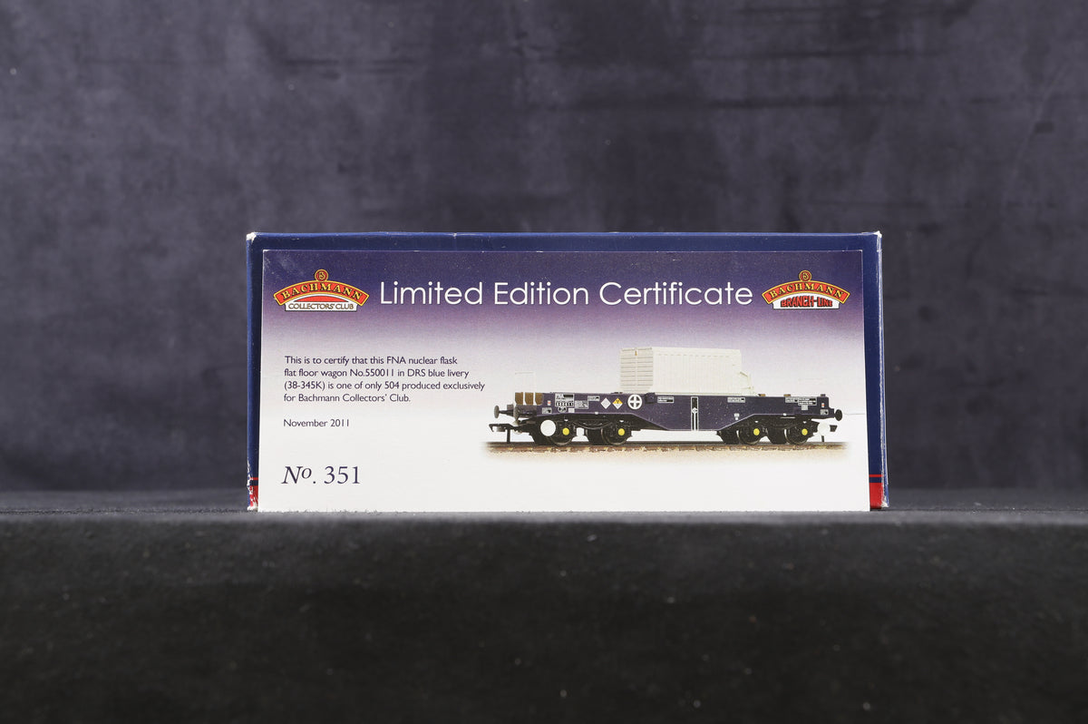 Bachman OO 38-345K FNA Nuclear Flask Wagon with Flat Floor &amp; Round Buffers 550011 in DRS Blue Livery - Bachmann Collectors Club Limited Edition 315/504