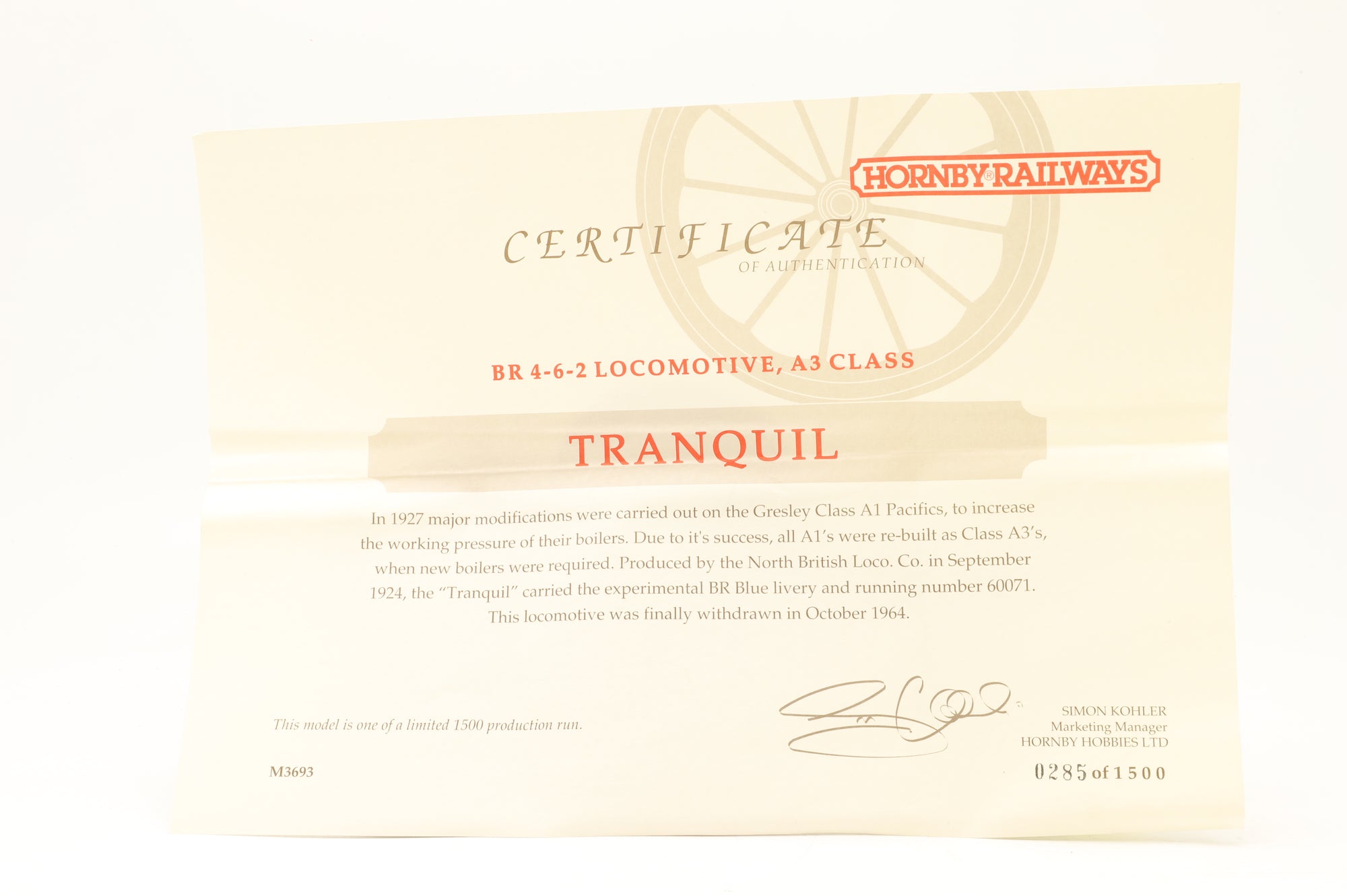 Hornby OO R140 BR A3 Class 'Tranquil' Limited Edition 285 / 1500