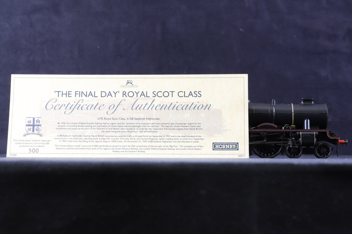 Hornby OO R3517 &#39;The Final Day&#39; &#39;Seaforth Highlander&#39; LMS Royal Scot Lined Black Ltd Ed 500/ 500